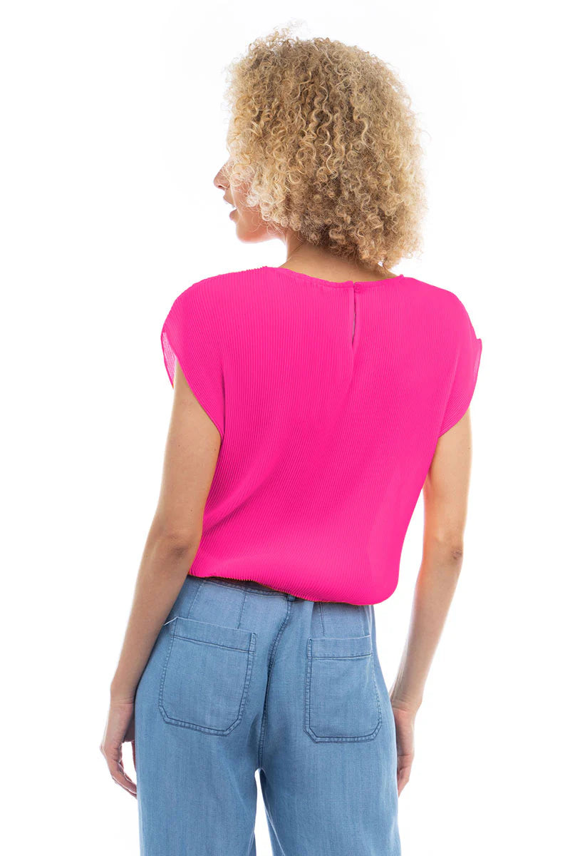 Sale Plisse Cap Sleeve Blouse w/Tie Waist Hot Pink