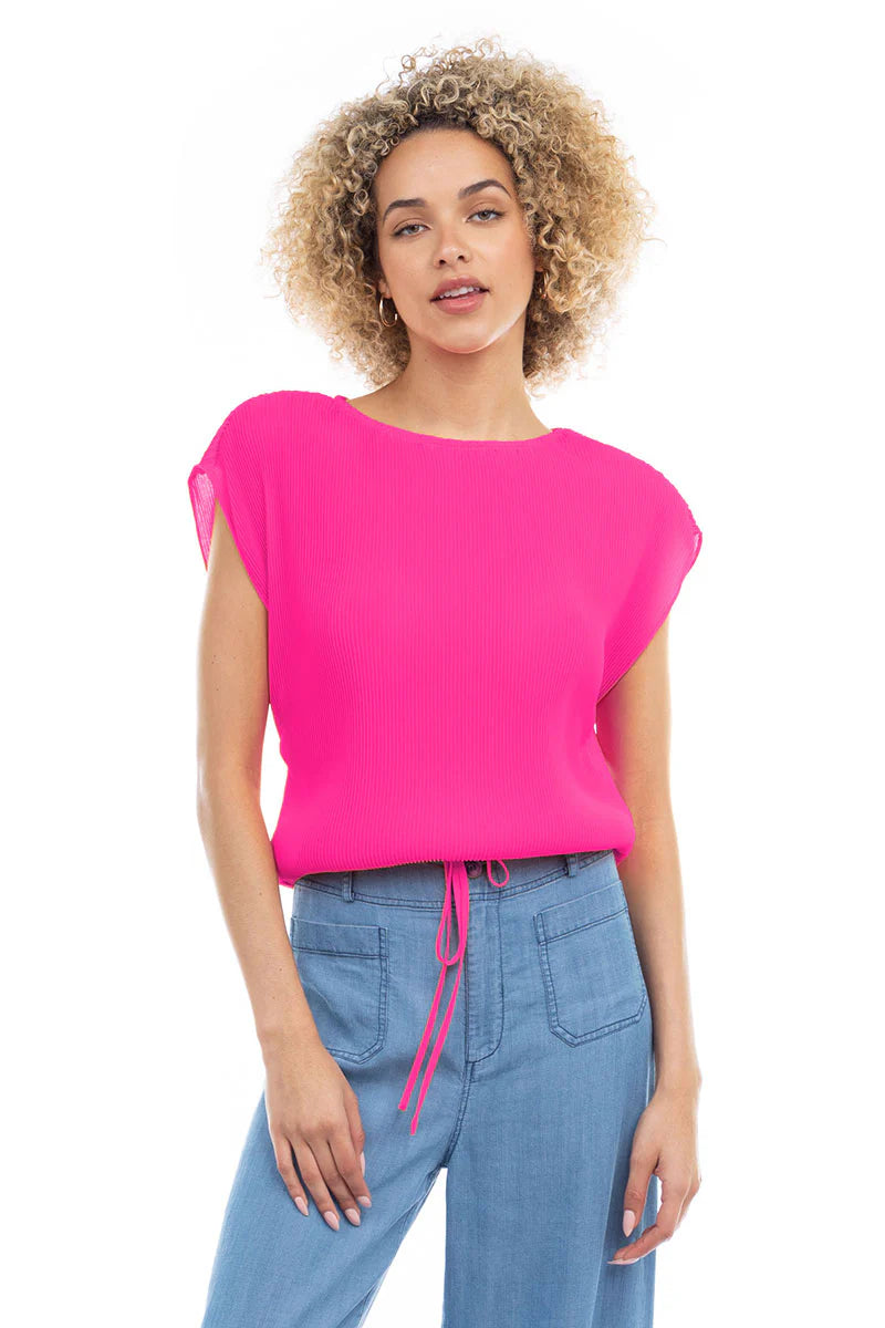 Sale Plisse Cap Sleeve Blouse w/Tie Waist Hot Pink