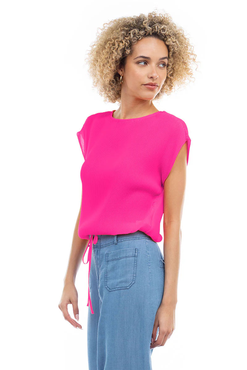 Sale Plisse Cap Sleeve Blouse w/Tie Waist Hot Pink