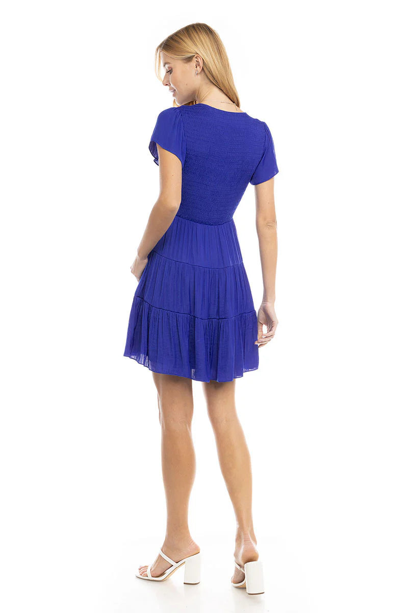 Short Sleeve Smocked Tiered Dress Capri Blue