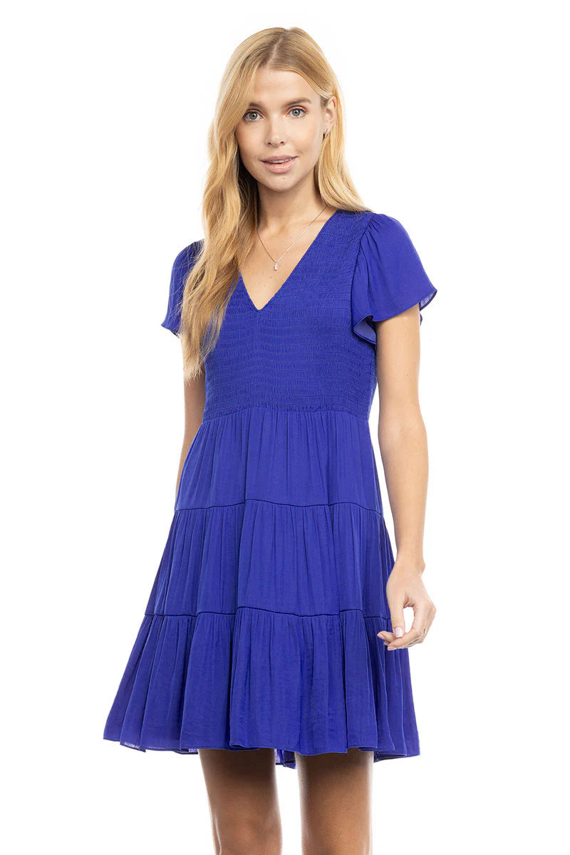 Short Sleeve Smocked Tiered Dress Capri Blue