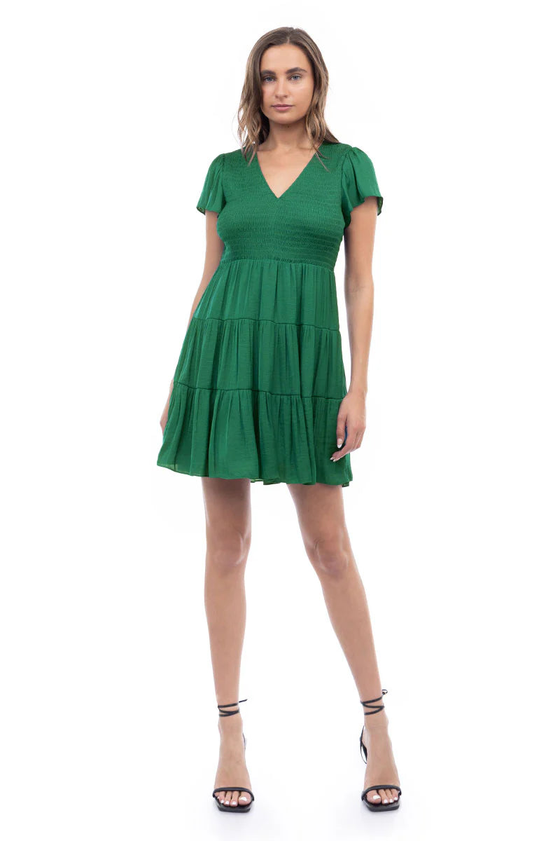 Short Sleeve Smocked Tiered Dress Jade