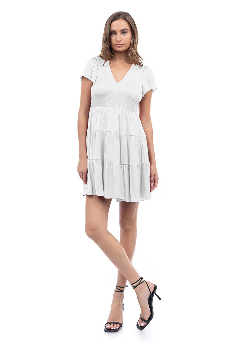 Short Sleeve Smocked Tiered Dress Off White