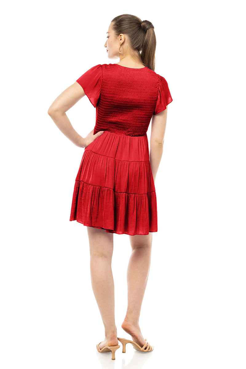 Sale Short Sleeve Smocked Tiered Dress Scarlet