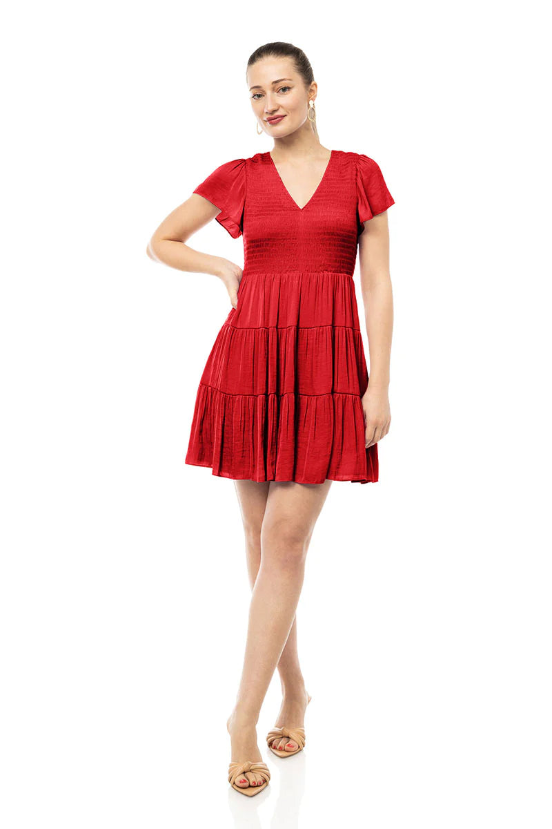 Sale Short Sleeve Smocked Tiered Dress Scarlet