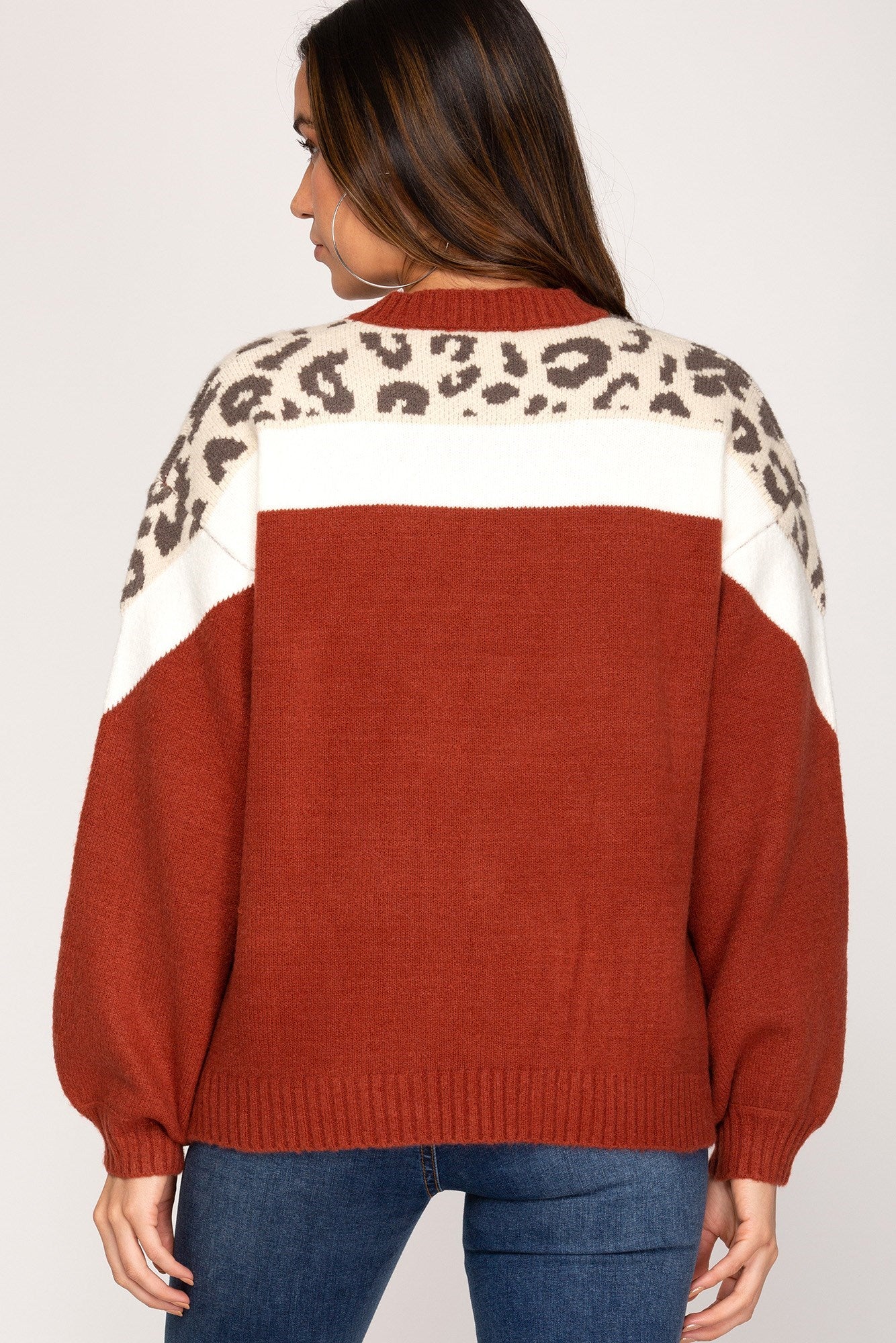 Long Balloon Sleeve Color Block Sweater w/Animal Print Detail