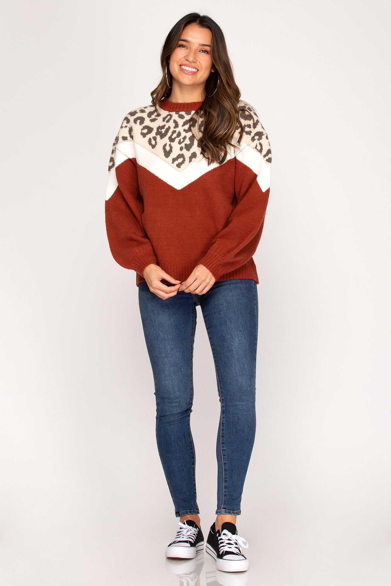 Long Balloon Sleeve Color Block Sweater w/Animal Print Detail