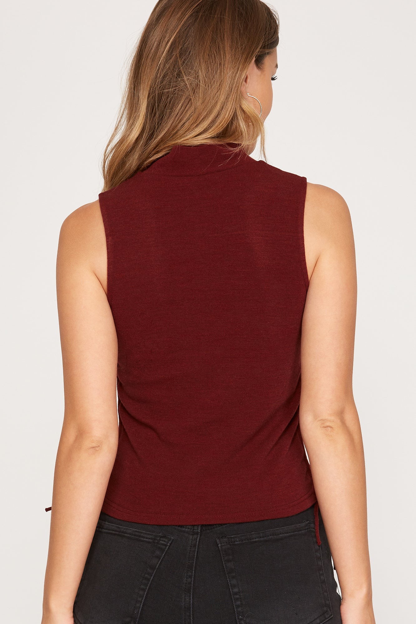 Sleeveless Mock Neck Drawstring Ruched Side Crop Top