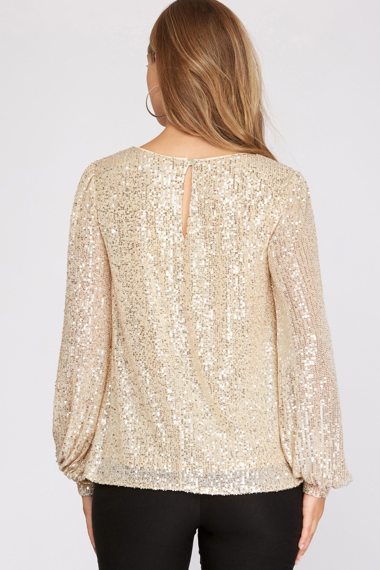 Long Balloon Sleeve Sequin Top