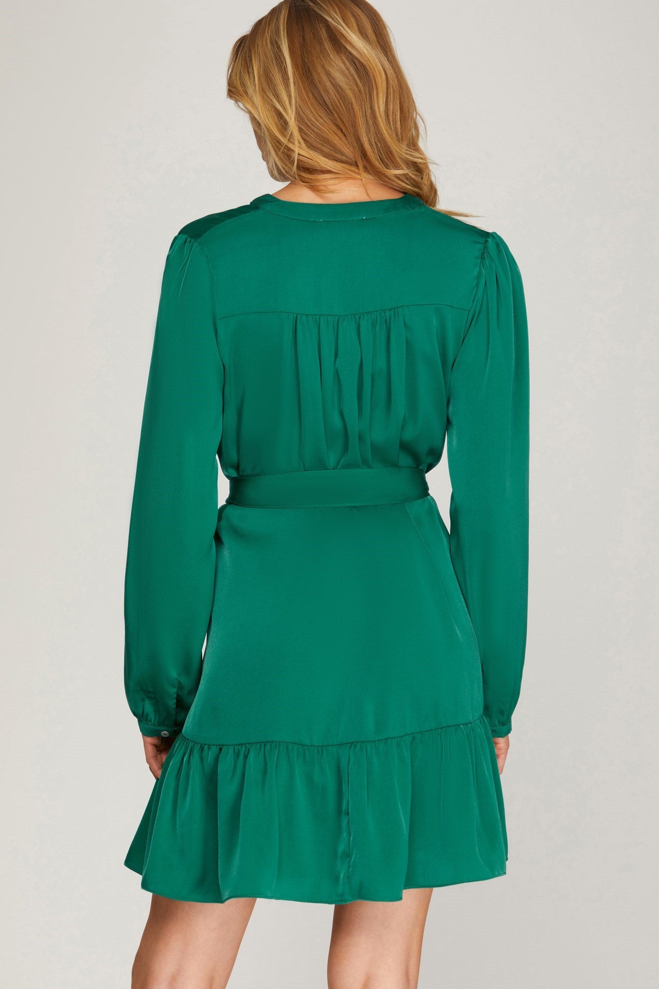 Long Sleeve Satin Dress w/Waist Tie Teal Green