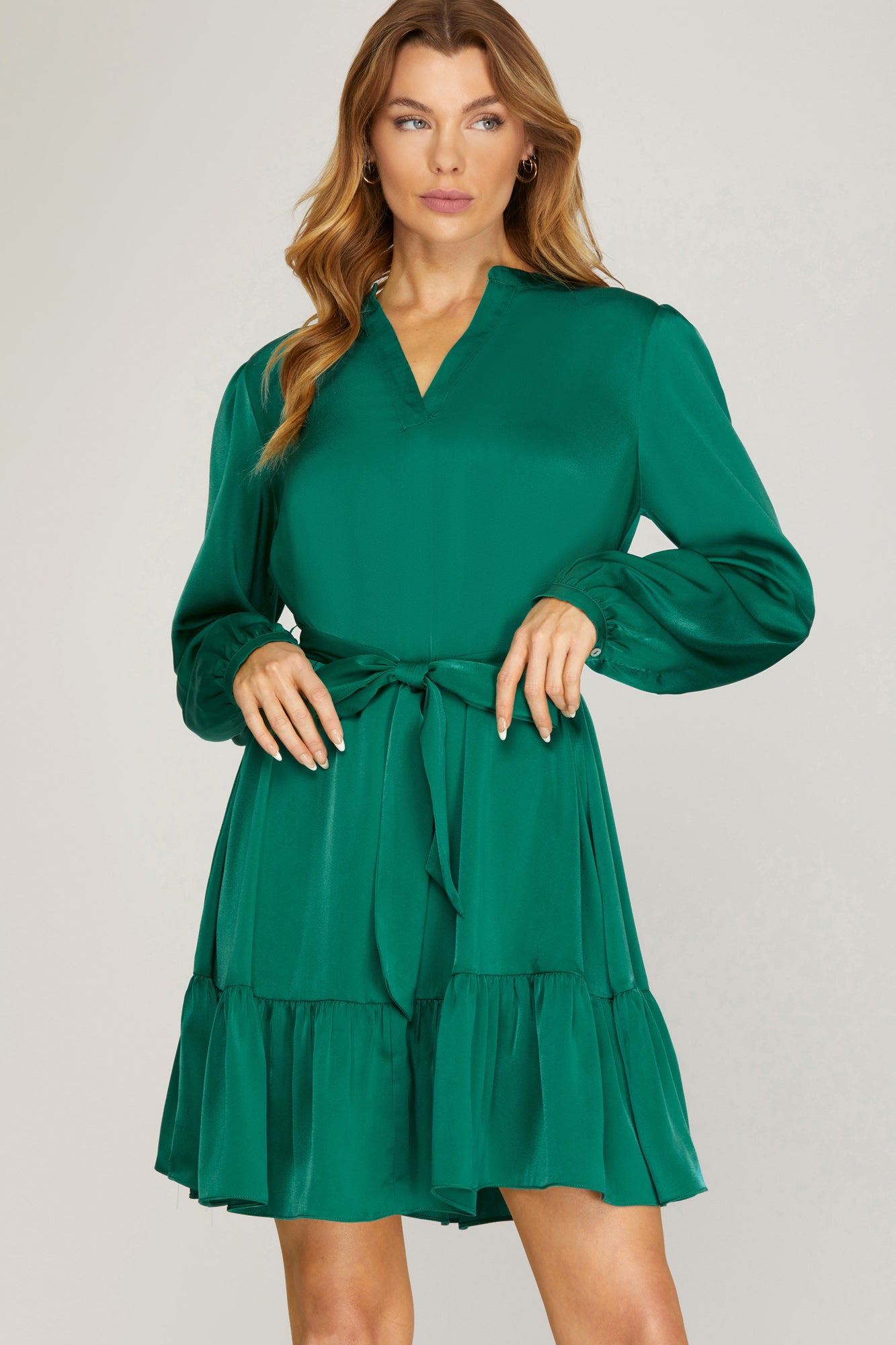 Long Sleeve Satin Dress w/Waist Tie Teal Green