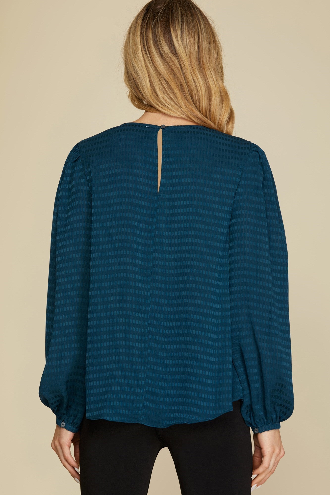 Long Puff Sleeve Textured Woven Blouse Teal