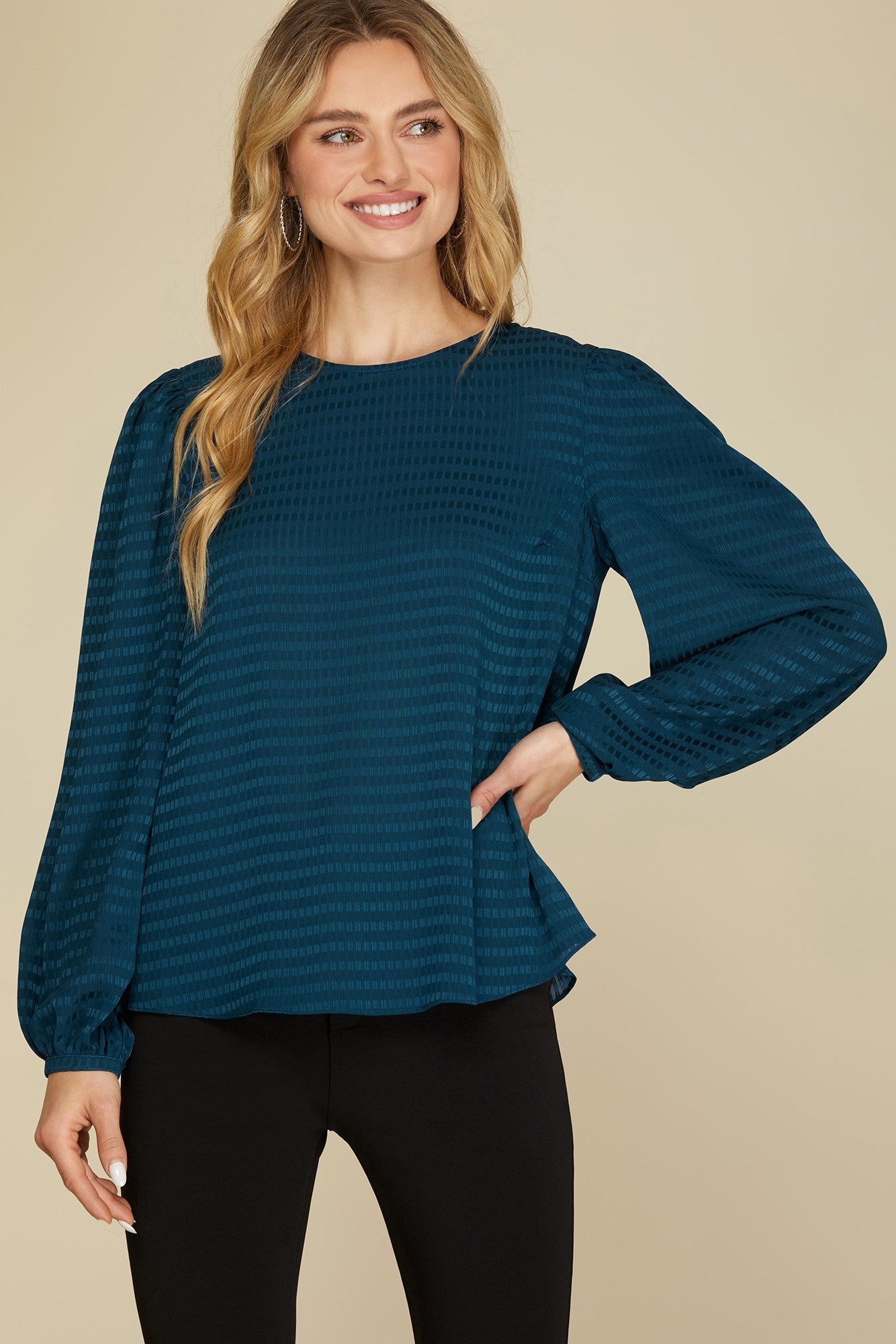 Long Puff Sleeve Textured Woven Blouse Teal