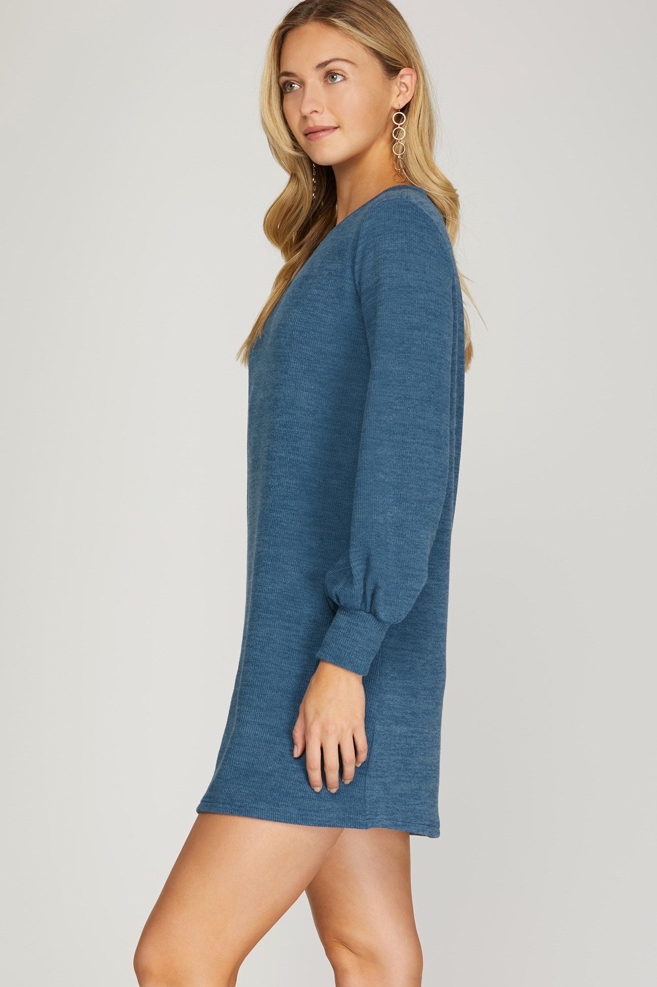 Long Sleeve Knit Dress Teal Blue