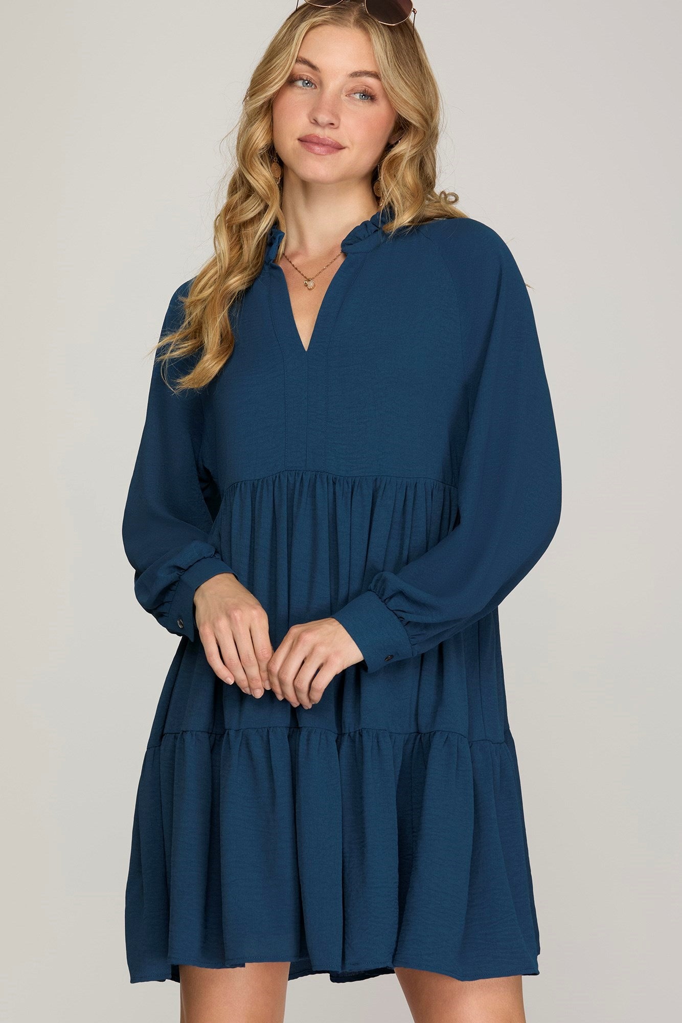 Long Sleeve V-Neck Tiered Dress