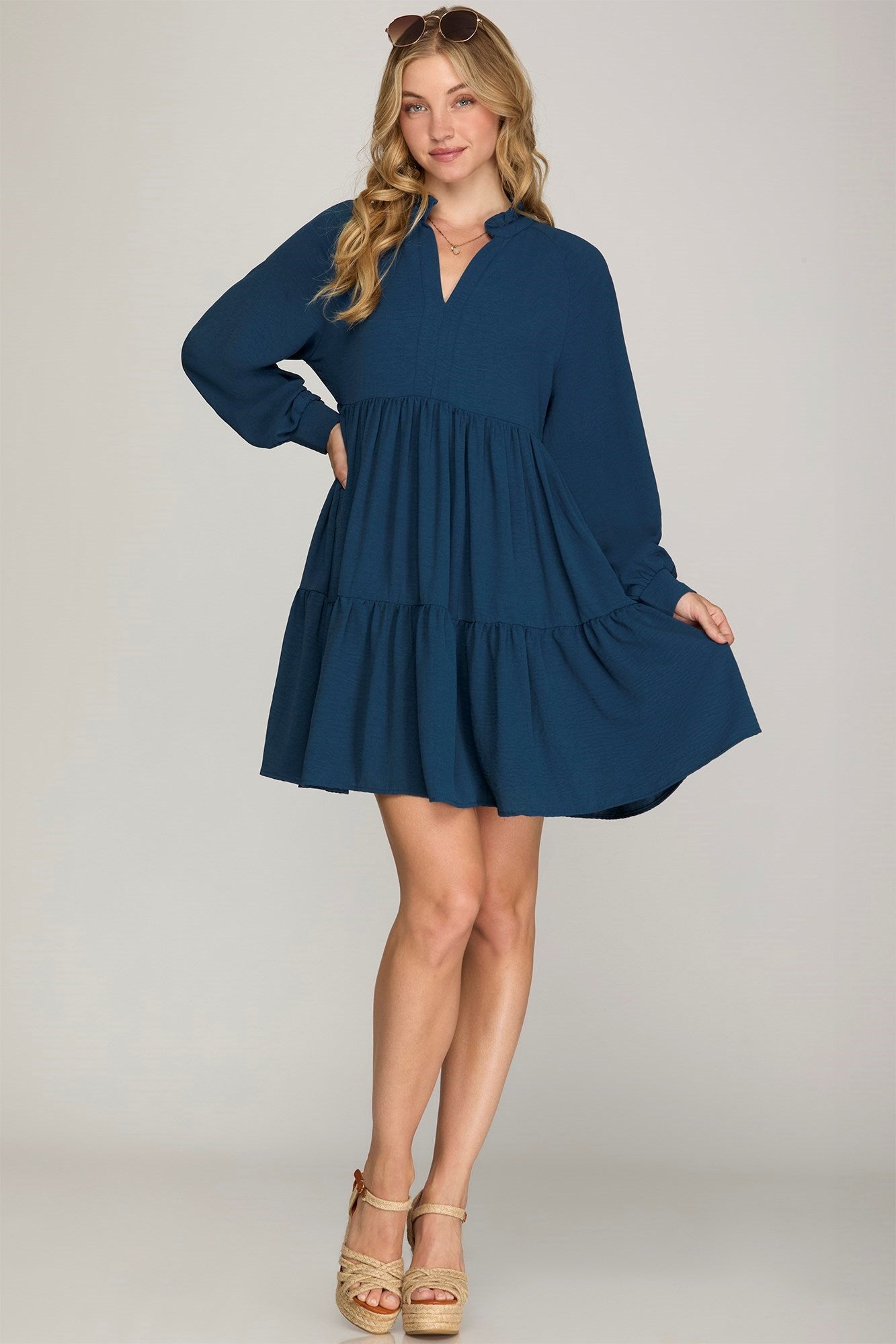 Long Sleeve V-Neck Tiered Dress