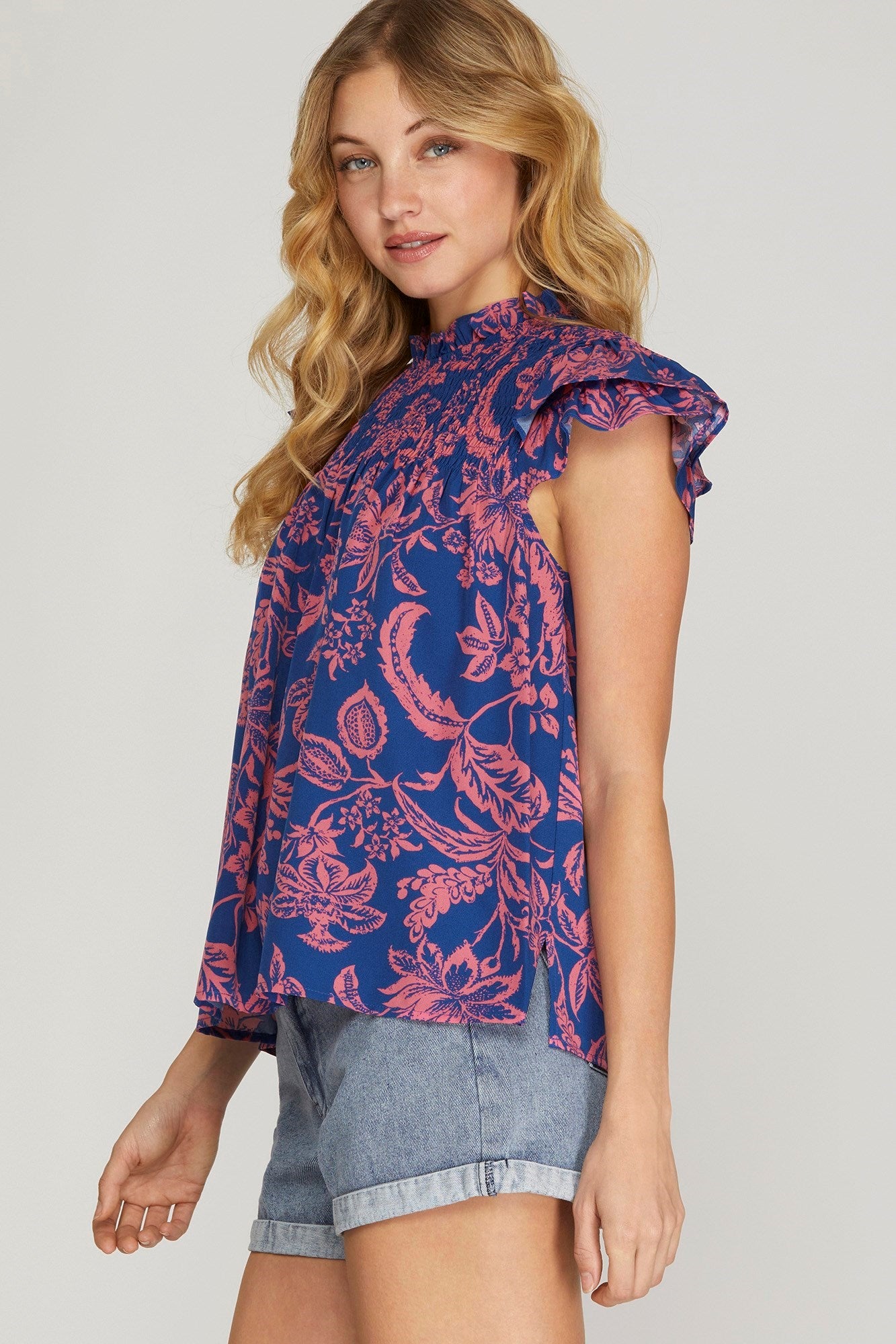 Double Layered Flutter Sleeve Print Top w/Smocked Yoke