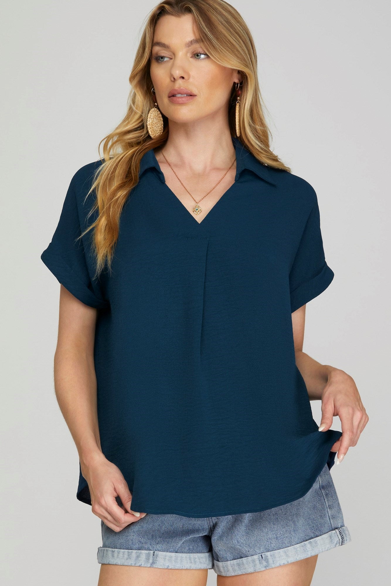 Drop Shoulder Collared Top Teal Blue