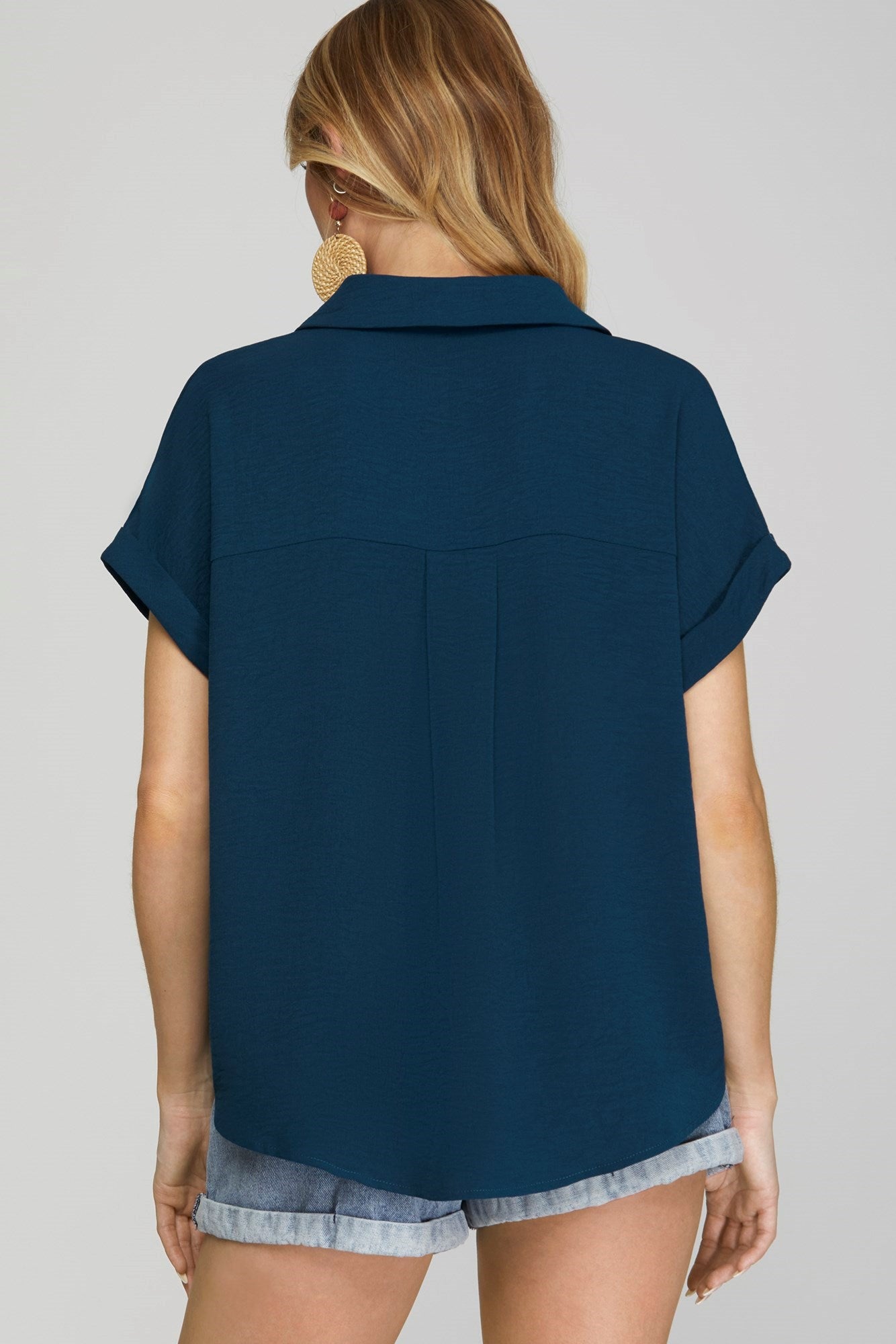 Drop Shoulder Collared Top Teal Blue