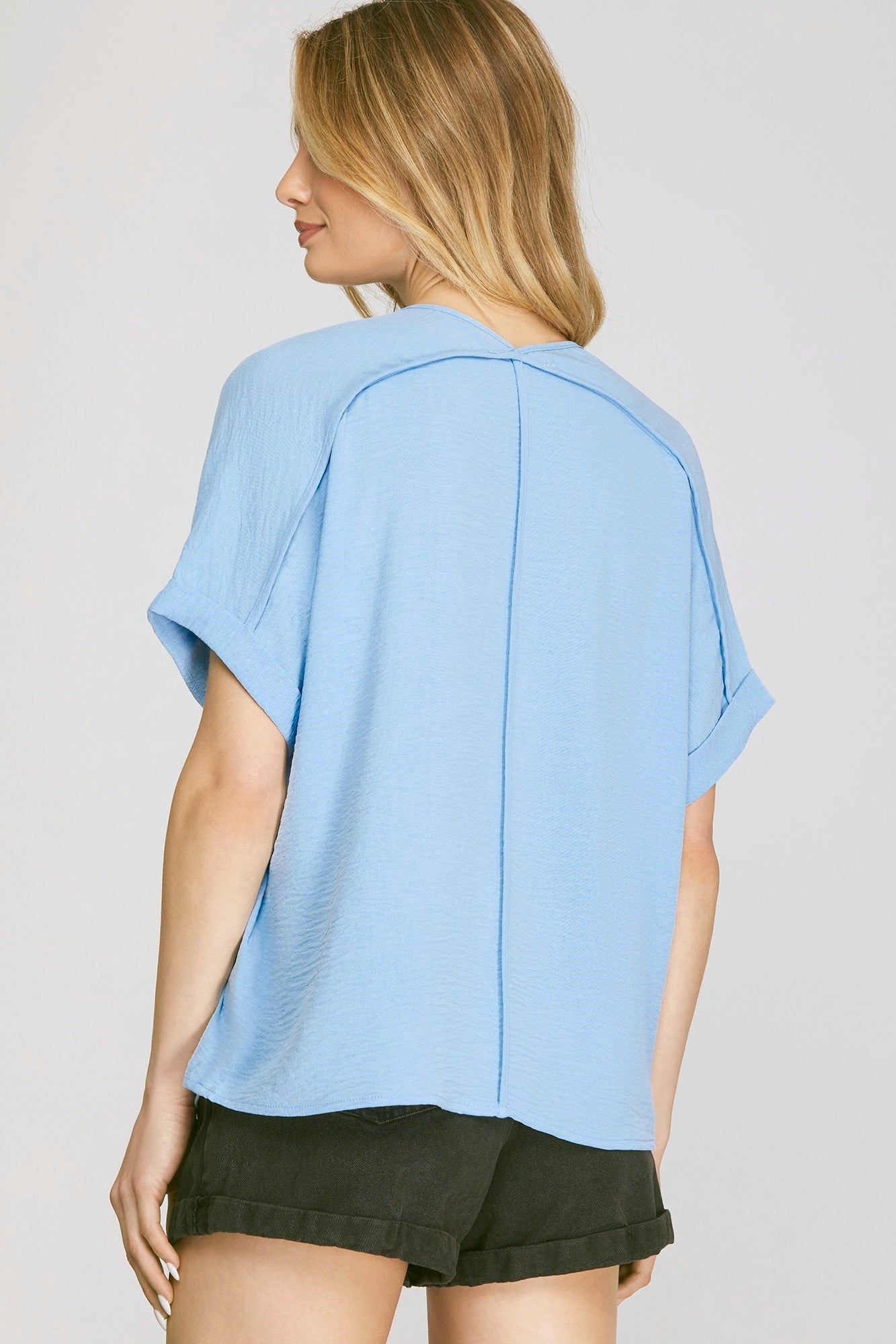 Sale Short Sleeve Woven Top Light Blue