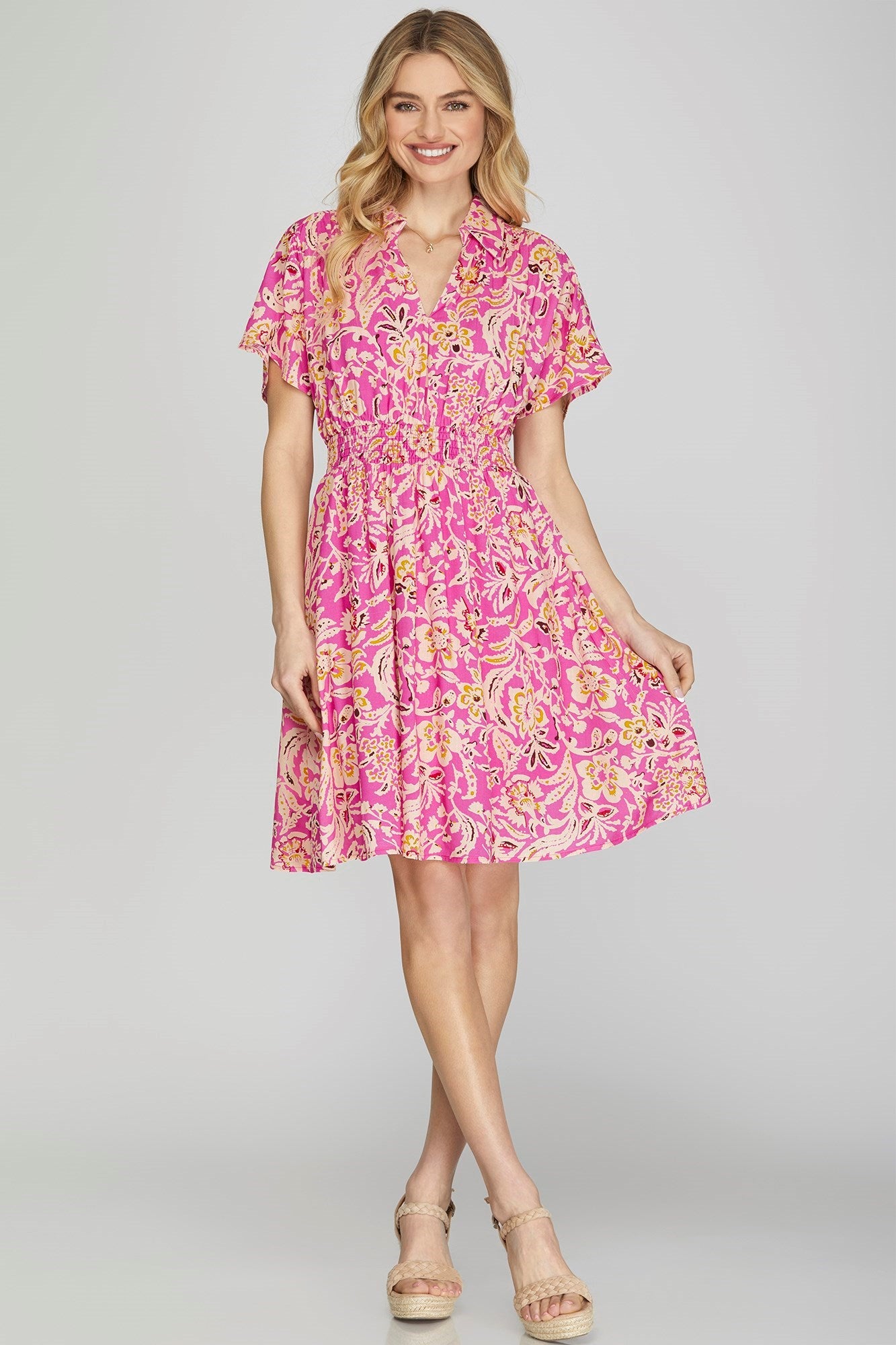 Short Drop Sleeve Printed Collared Dress