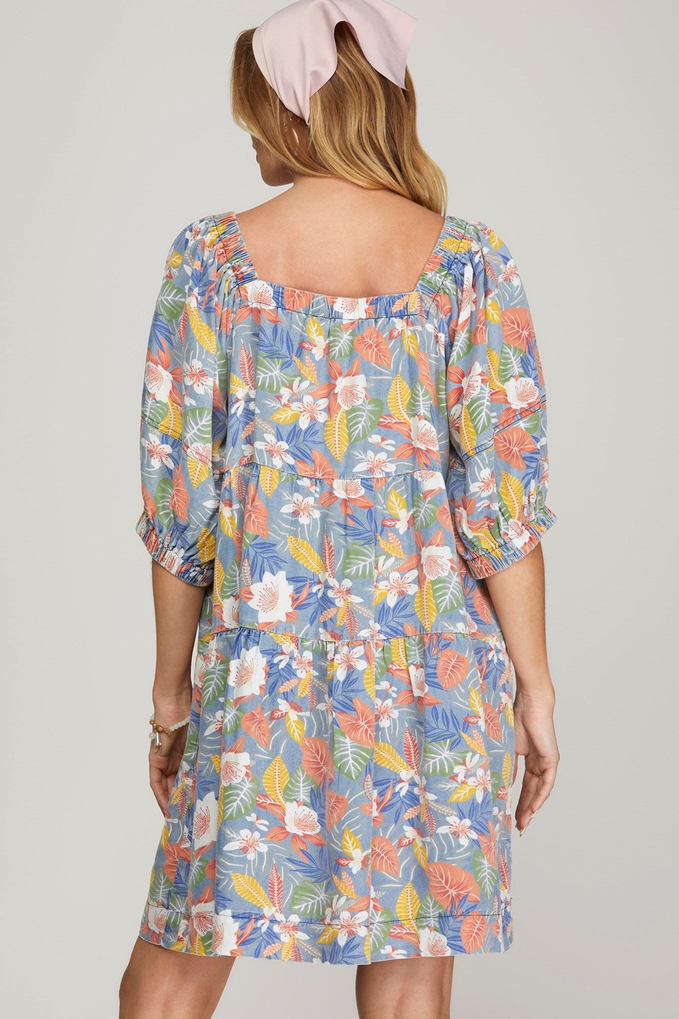 Puff Sleeve Washed Chambray Floral Print Tiered Dress