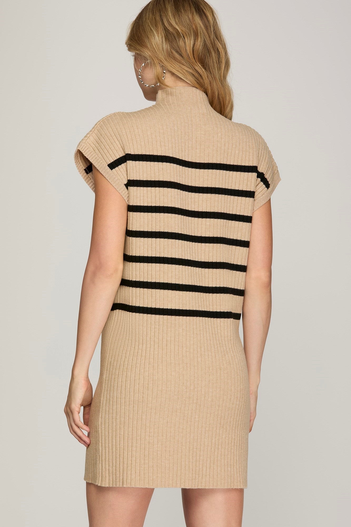 Drop Shoulder Mock Neck Stripe Sweater Dress