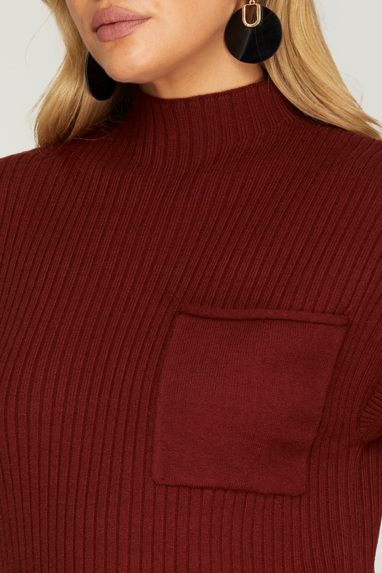 Drop Shoulder Mock Neck Sweater Dress Wine