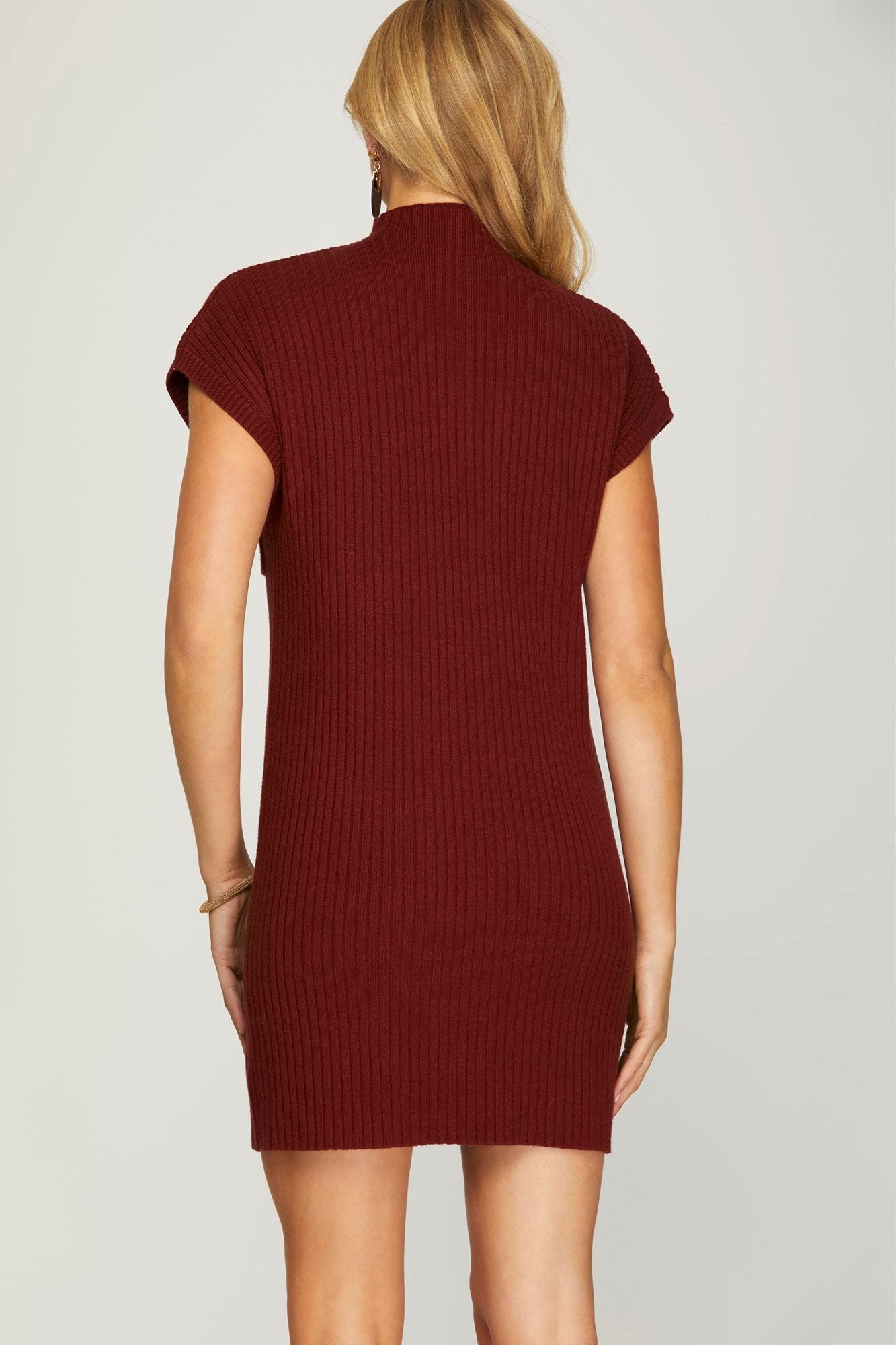 Drop Shoulder Mock Neck Sweater Dress Wine