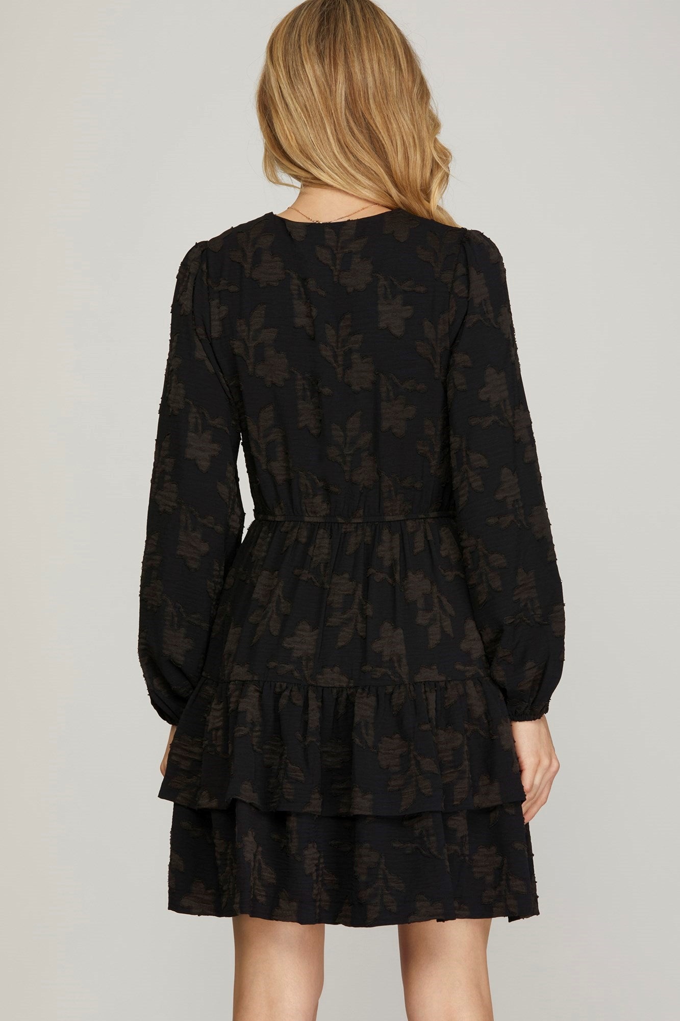 Long Sleeve Floral Pattern Tiered Dress Black