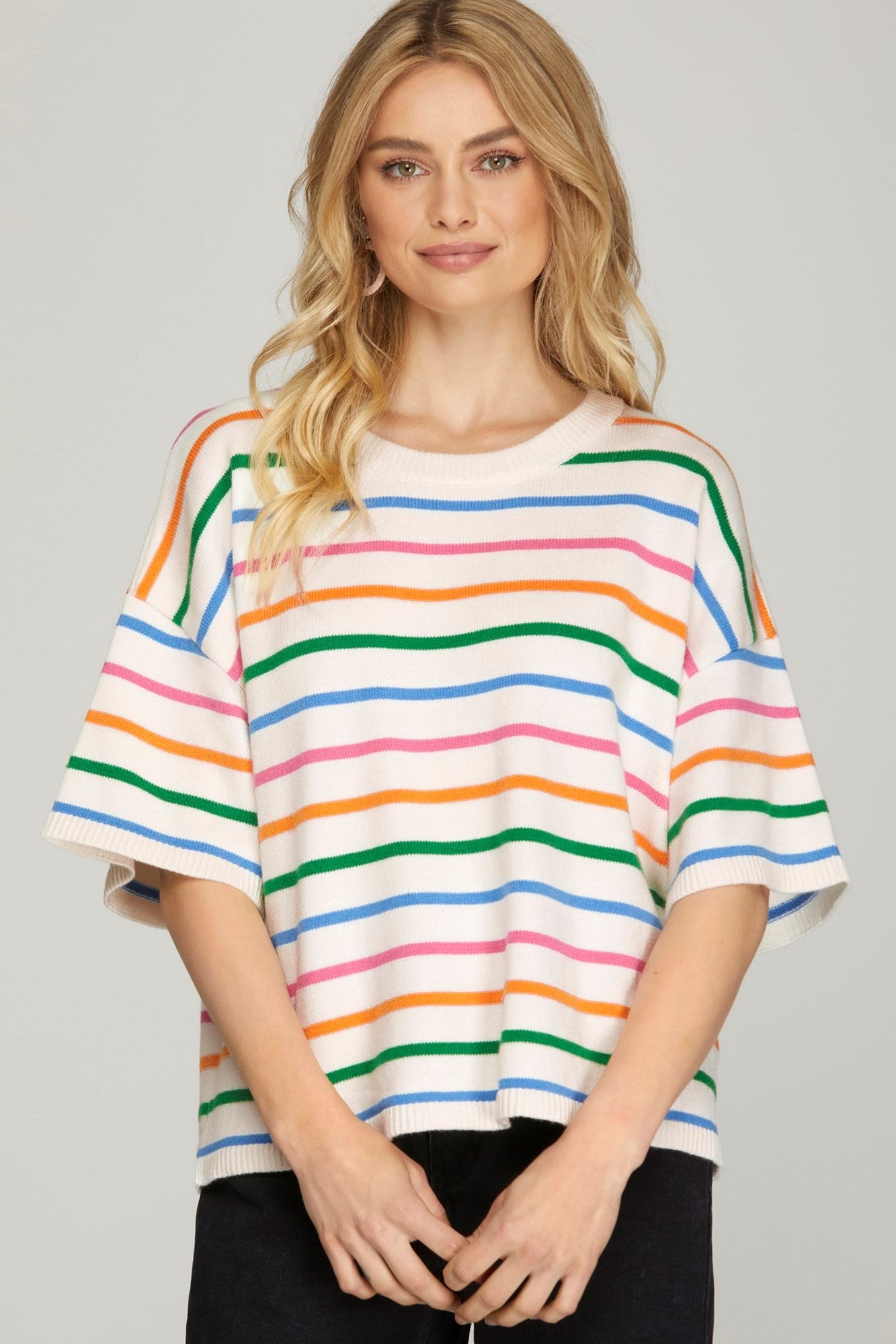 Sale Short Sleeve Multi Striped Sweater