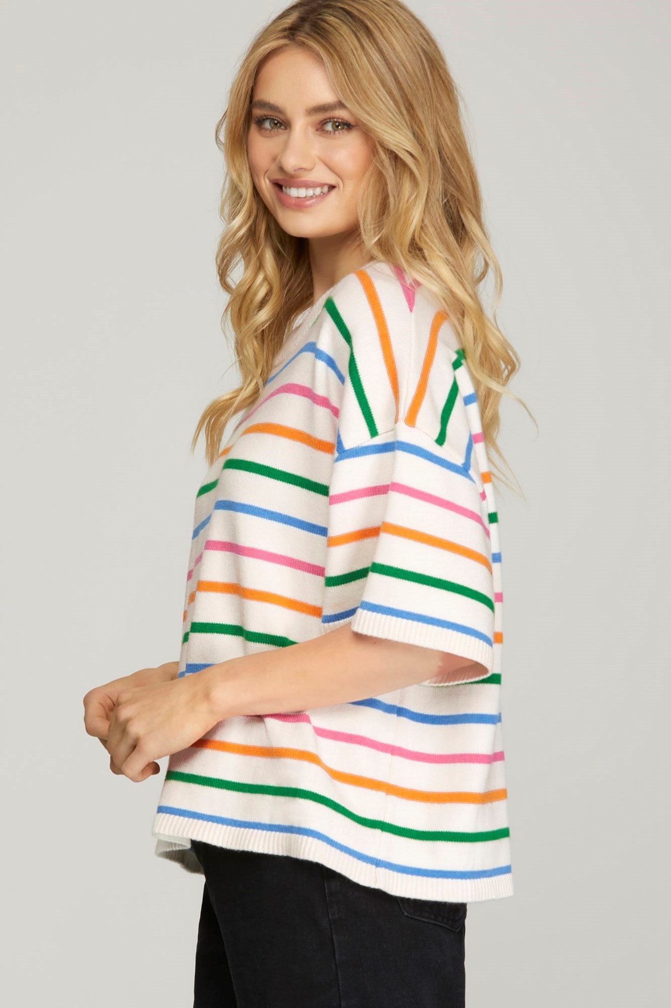 Sale Short Sleeve Multi Striped Sweater