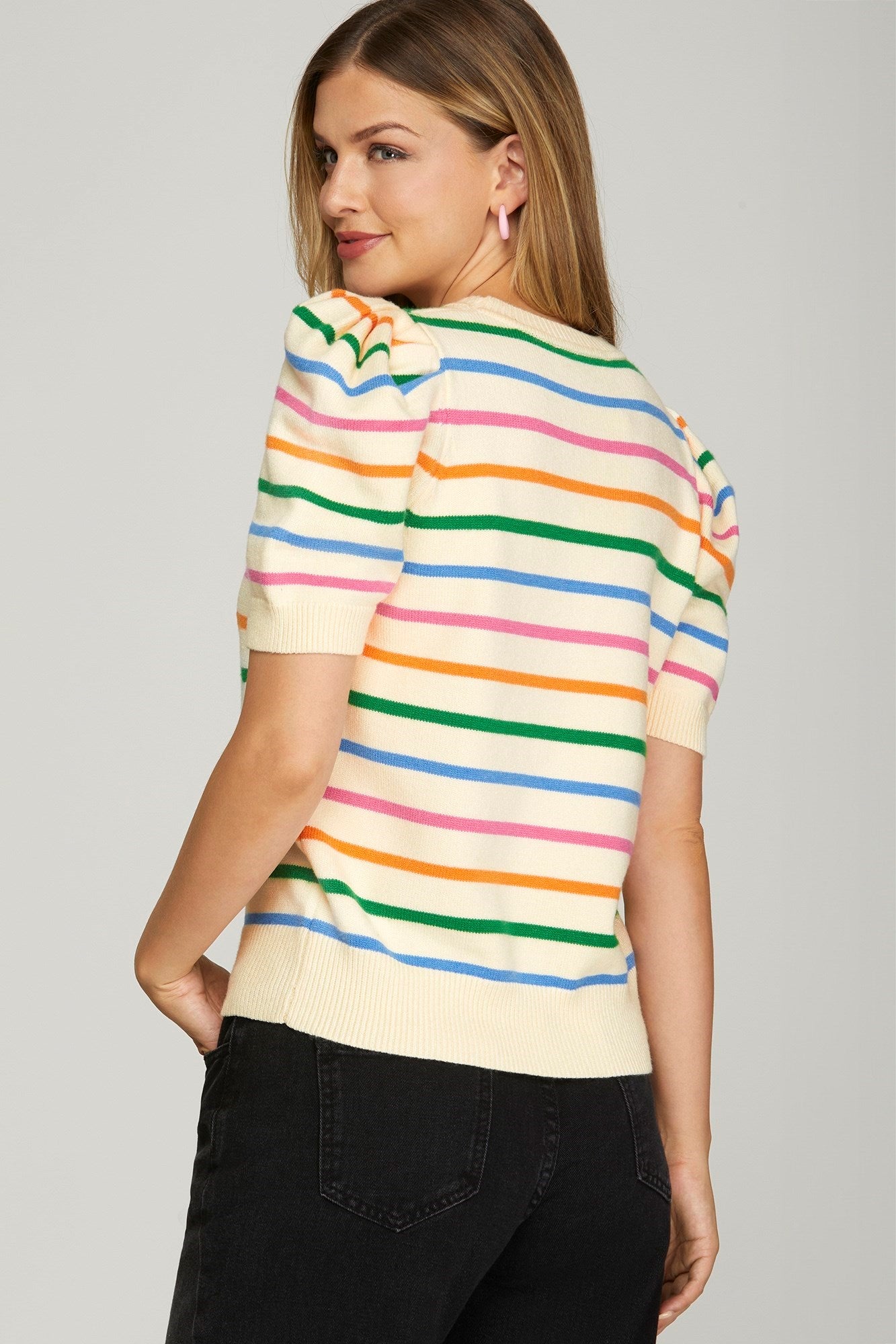 Puff Sleeve Multi Color Striped Sweater