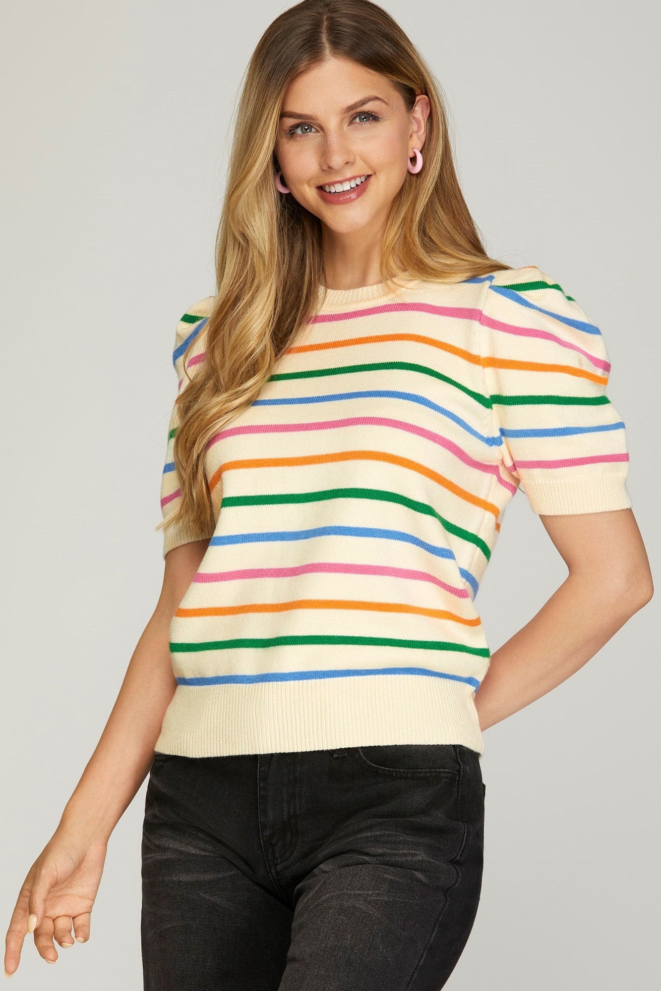 Puff Sleeve Multi Color Striped Sweater