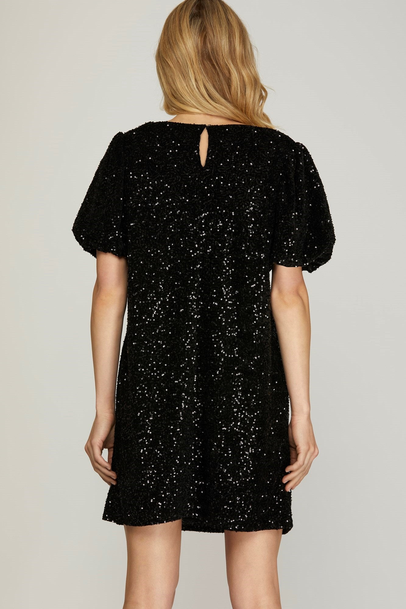 Short Bubble Sleeve Sequin Shift Dress Black