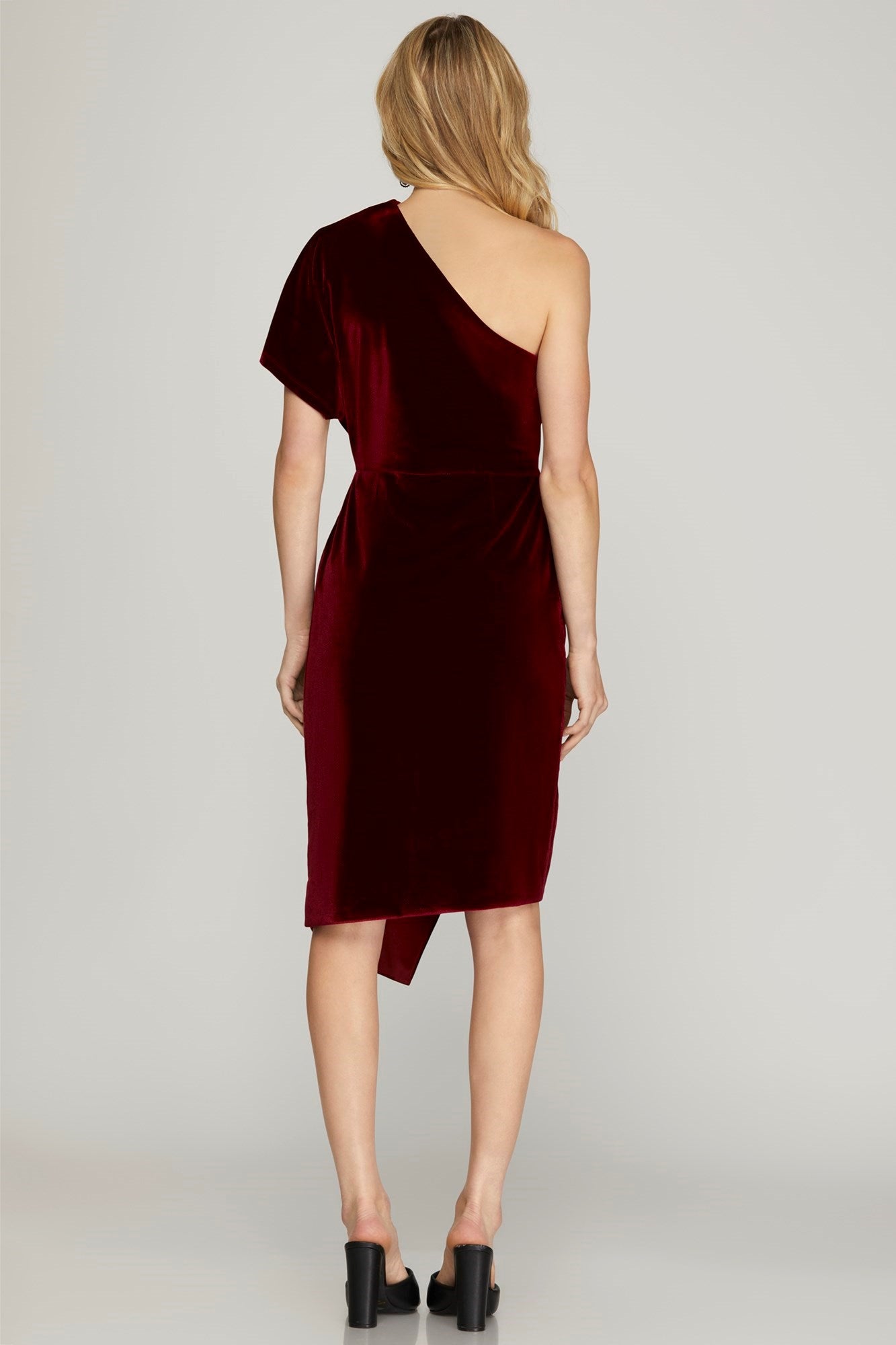 One Shoulder Drop Sleeve Velvet Dress w/Wrap Skirt