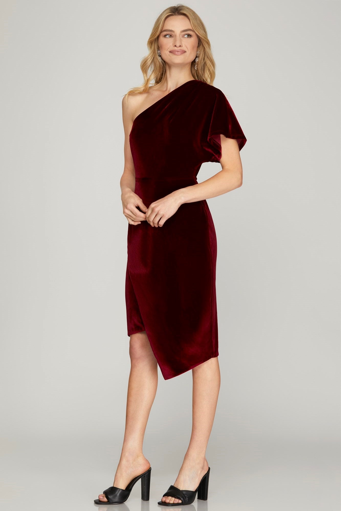 One Shoulder Drop Sleeve Velvet Dress w/Wrap Skirt