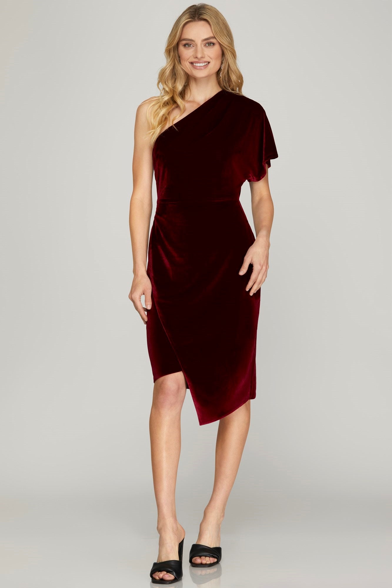 One Shoulder Drop Sleeve Velvet Dress w/Wrap Skirt