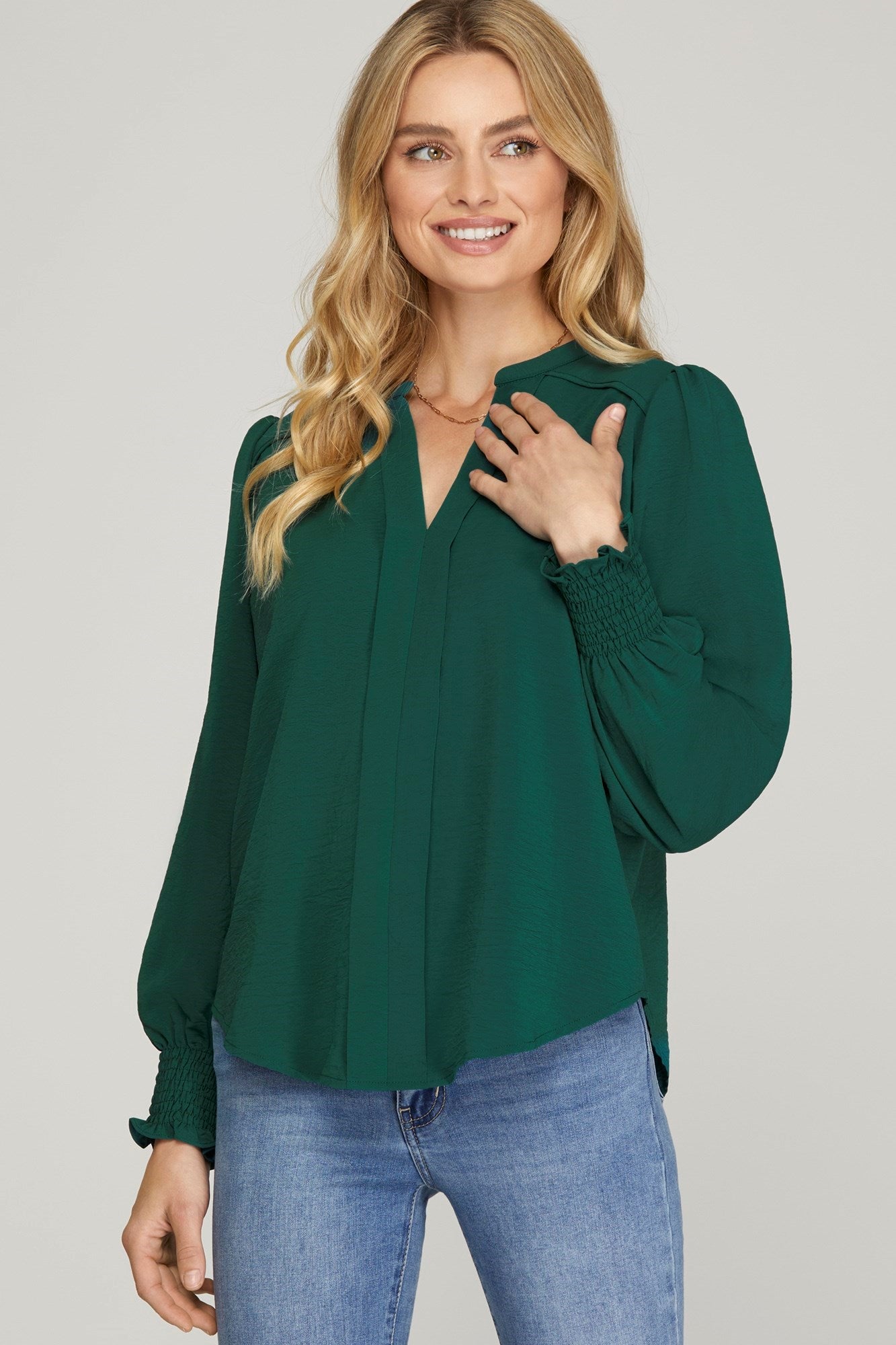 Long Sleeve Smocked Cuff V-Neck Blouse