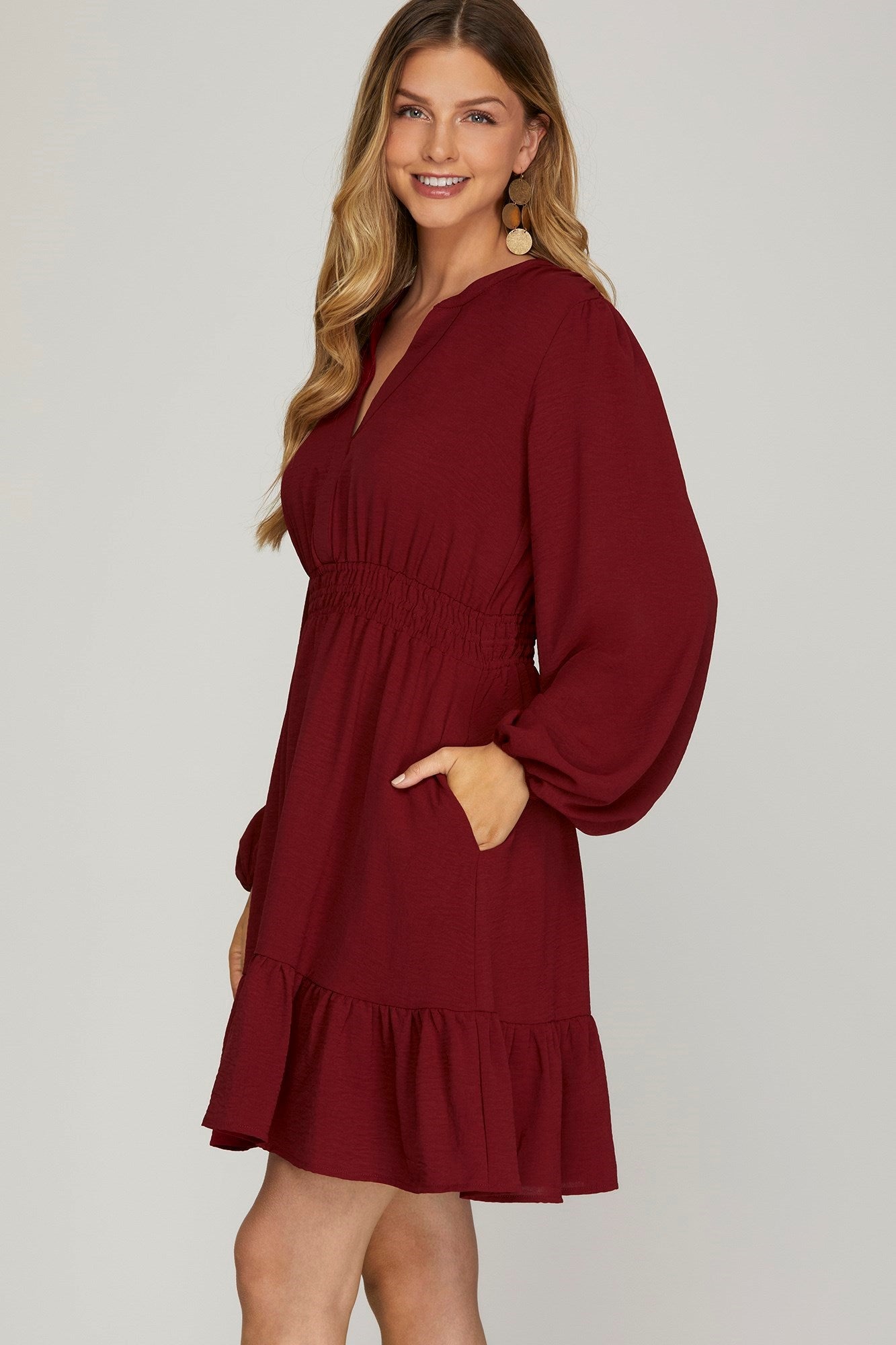 Long Sleeve Elastic Waist Dress