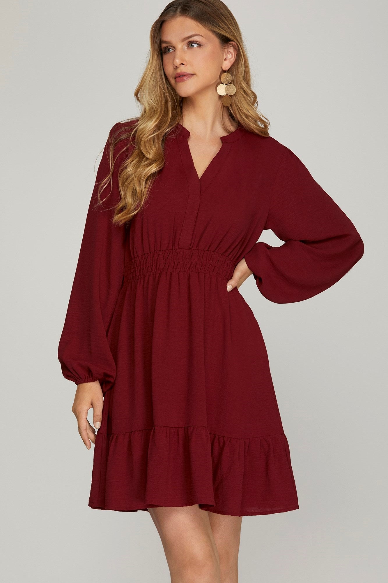 Long Sleeve Elastic Waist Dress