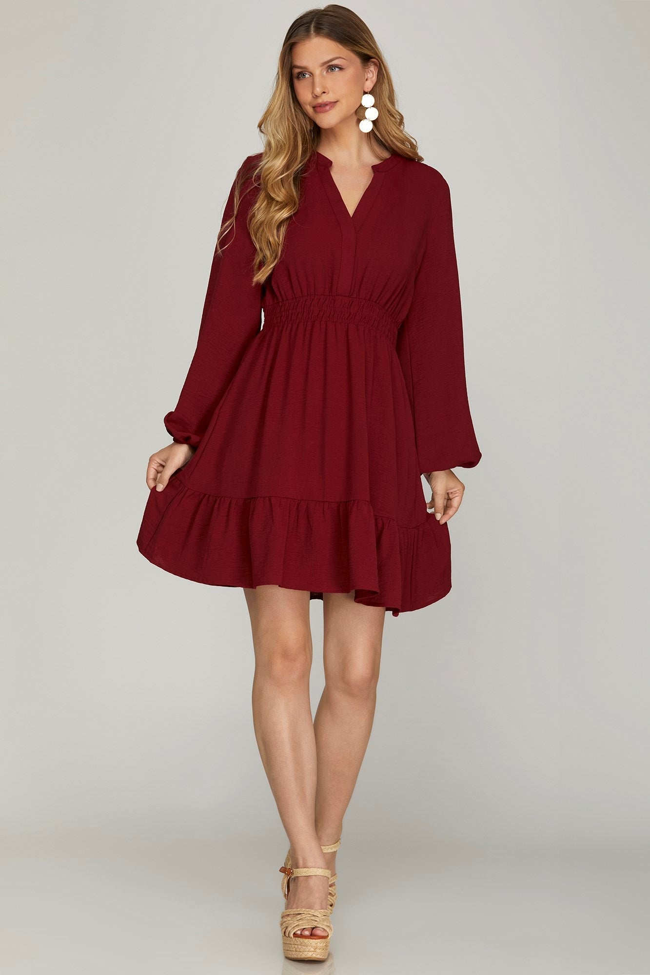 Long Sleeve Elastic Waist Dress