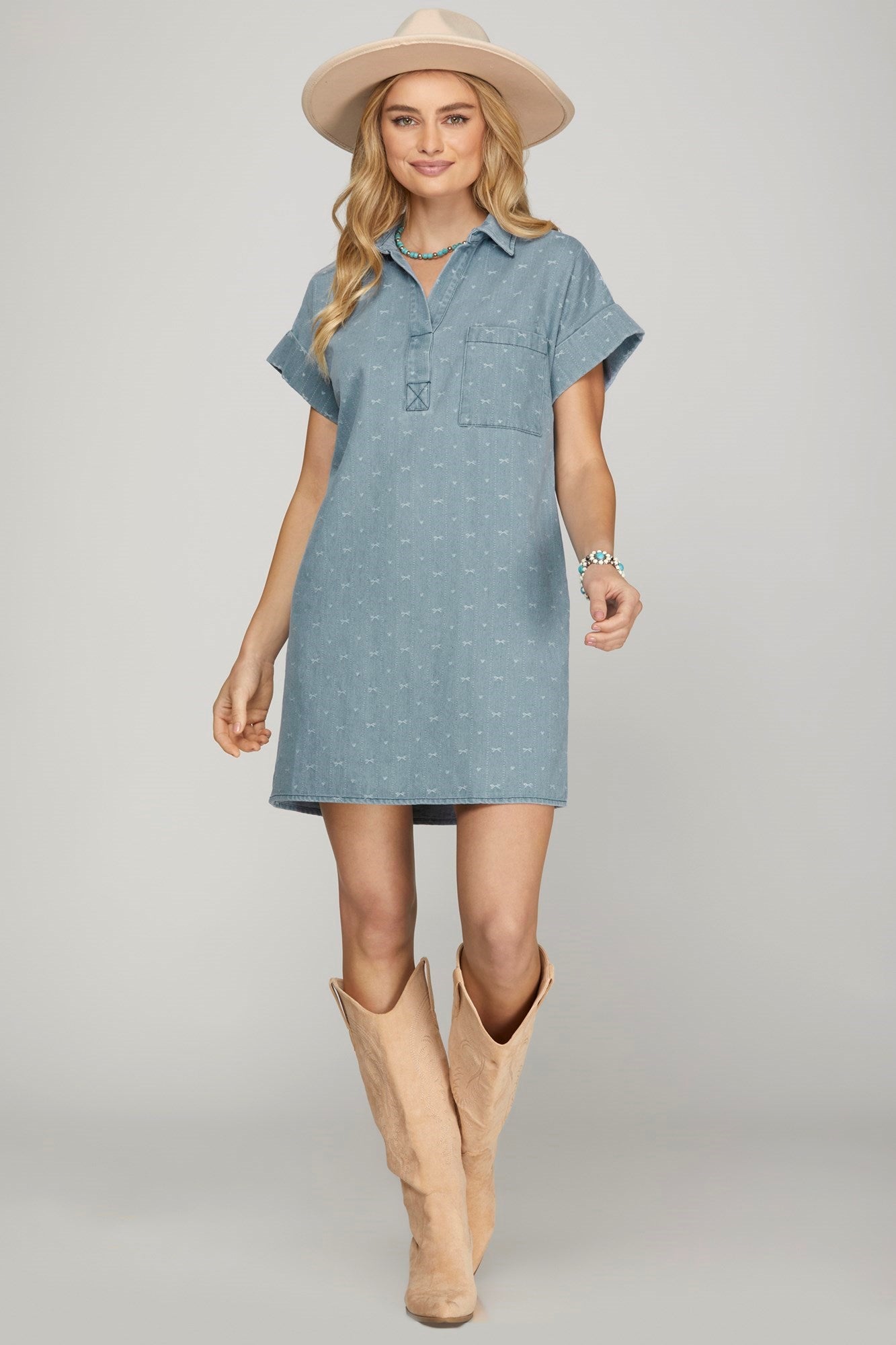 Short Sleeve Denim Dress w/Bow Print