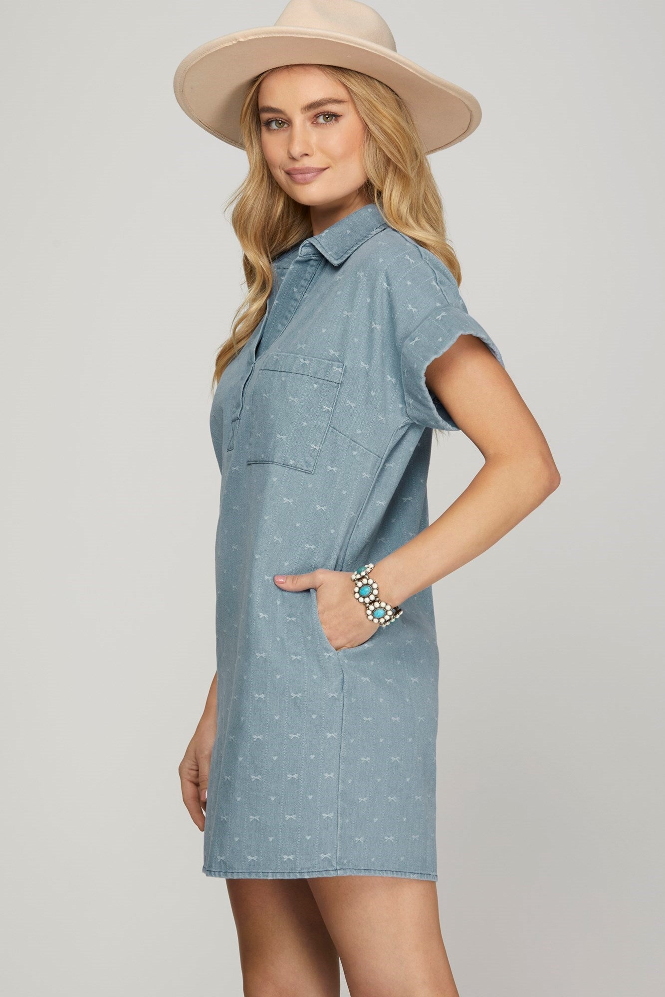 Short Sleeve Denim Dress w/Bow Print