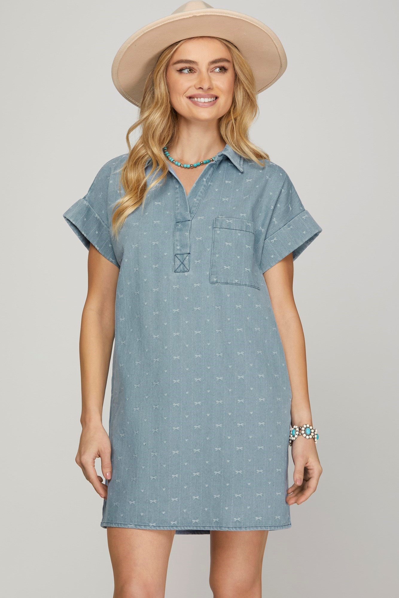 Short Sleeve Denim Dress w/Bow Print