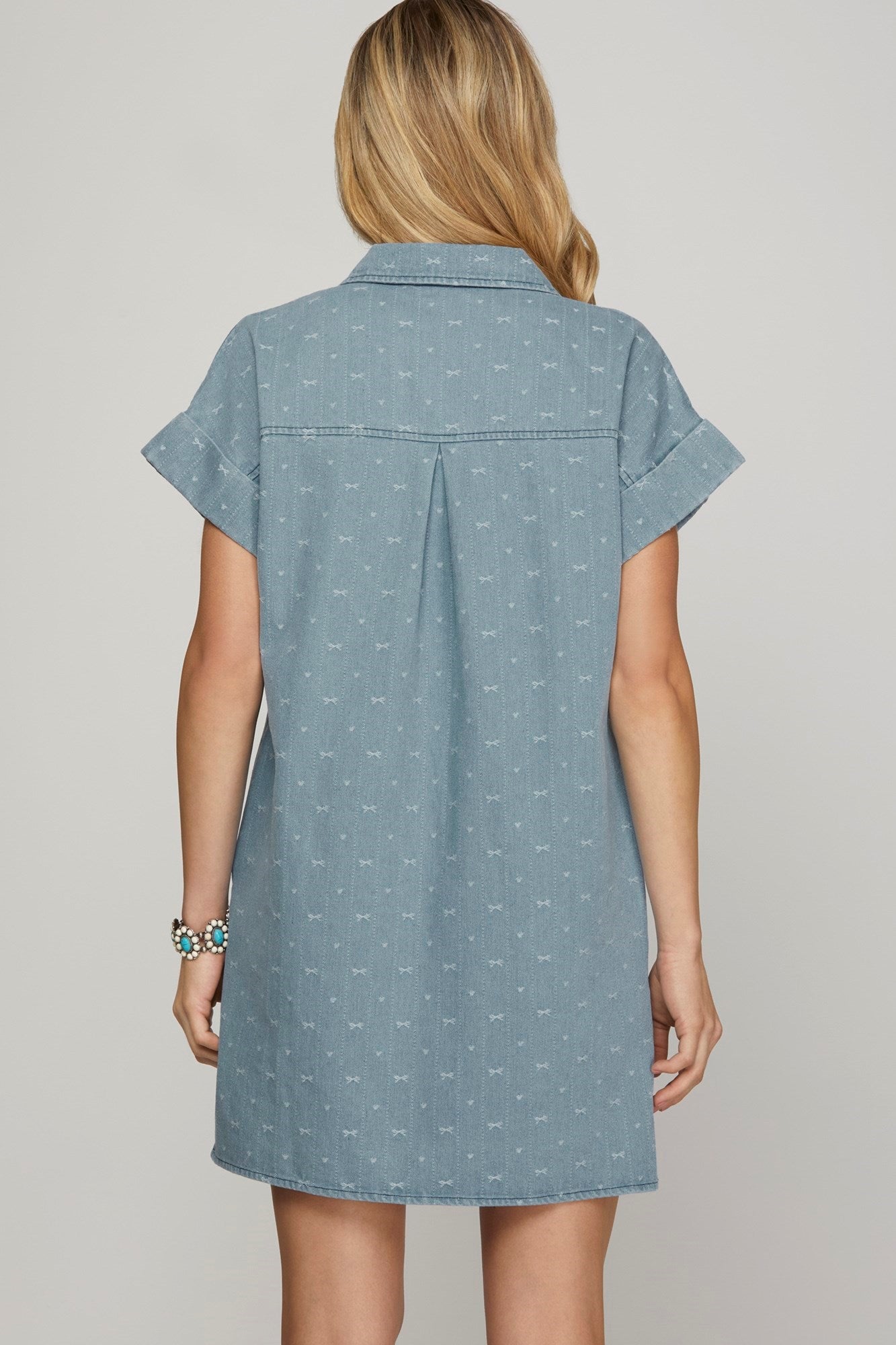 Short Sleeve Denim Dress w/Bow Print