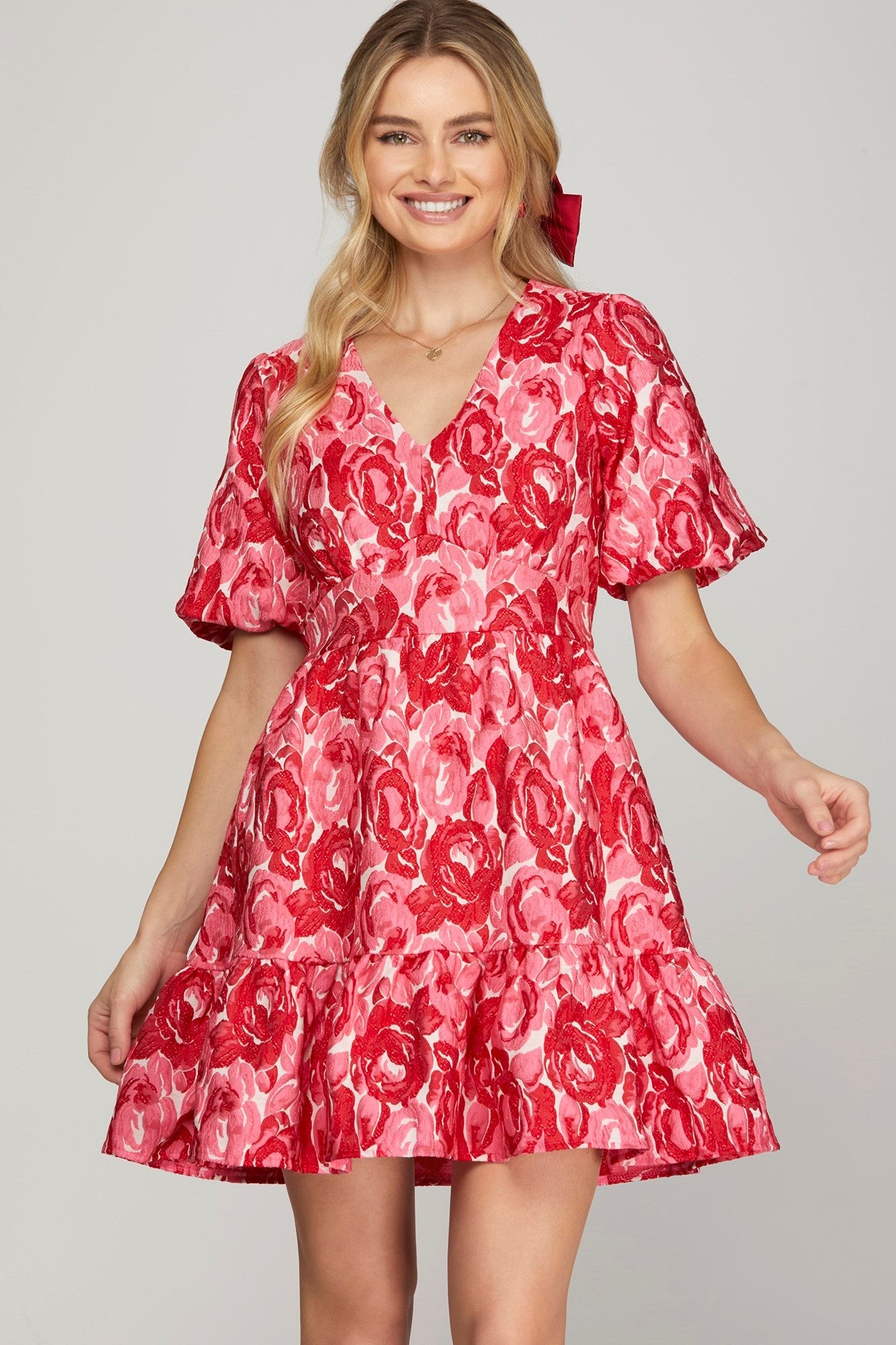 Short Puff Sleeve Floral Jacquard Woven Dress