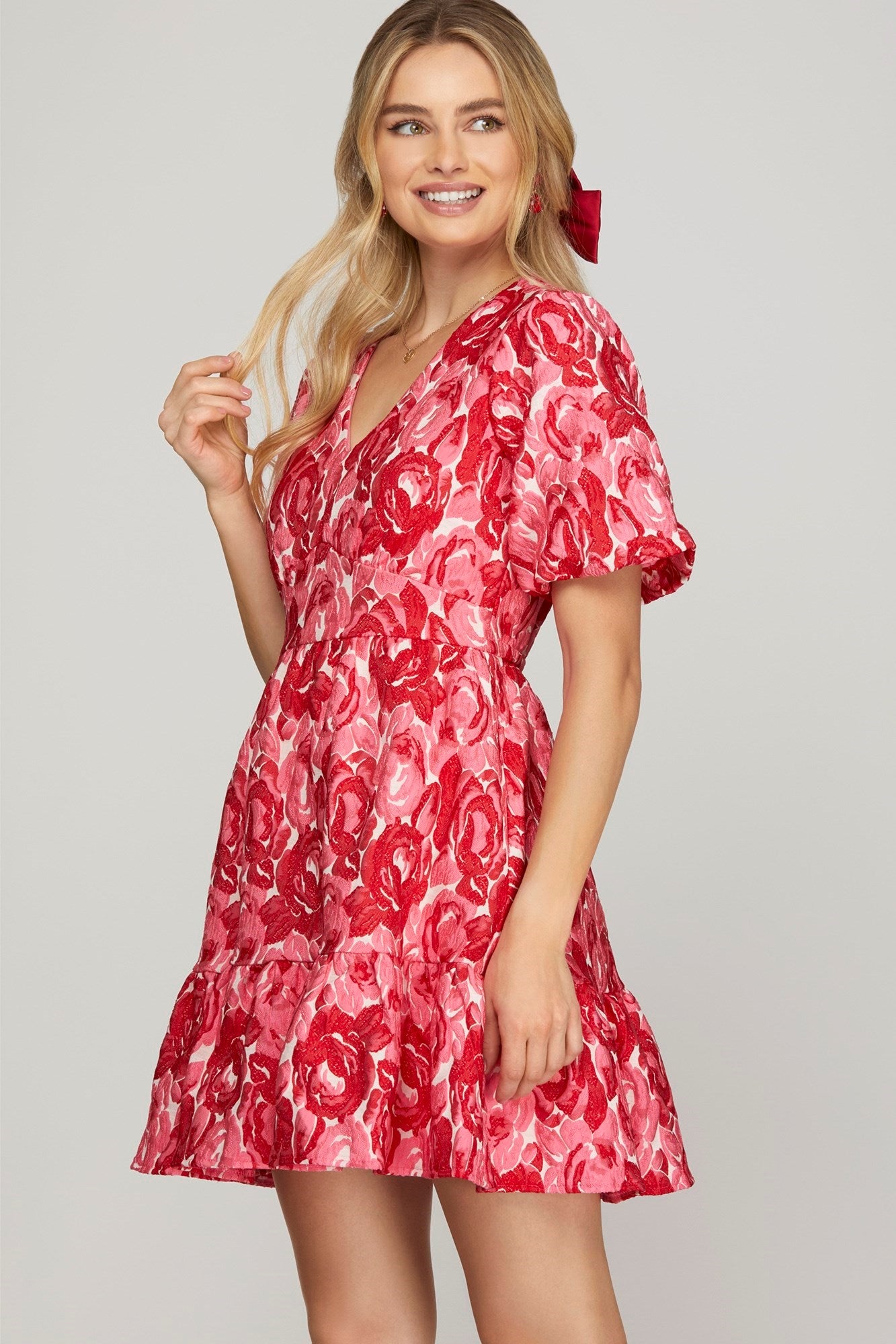 Short Puff Sleeve Floral Jacquard Woven Dress