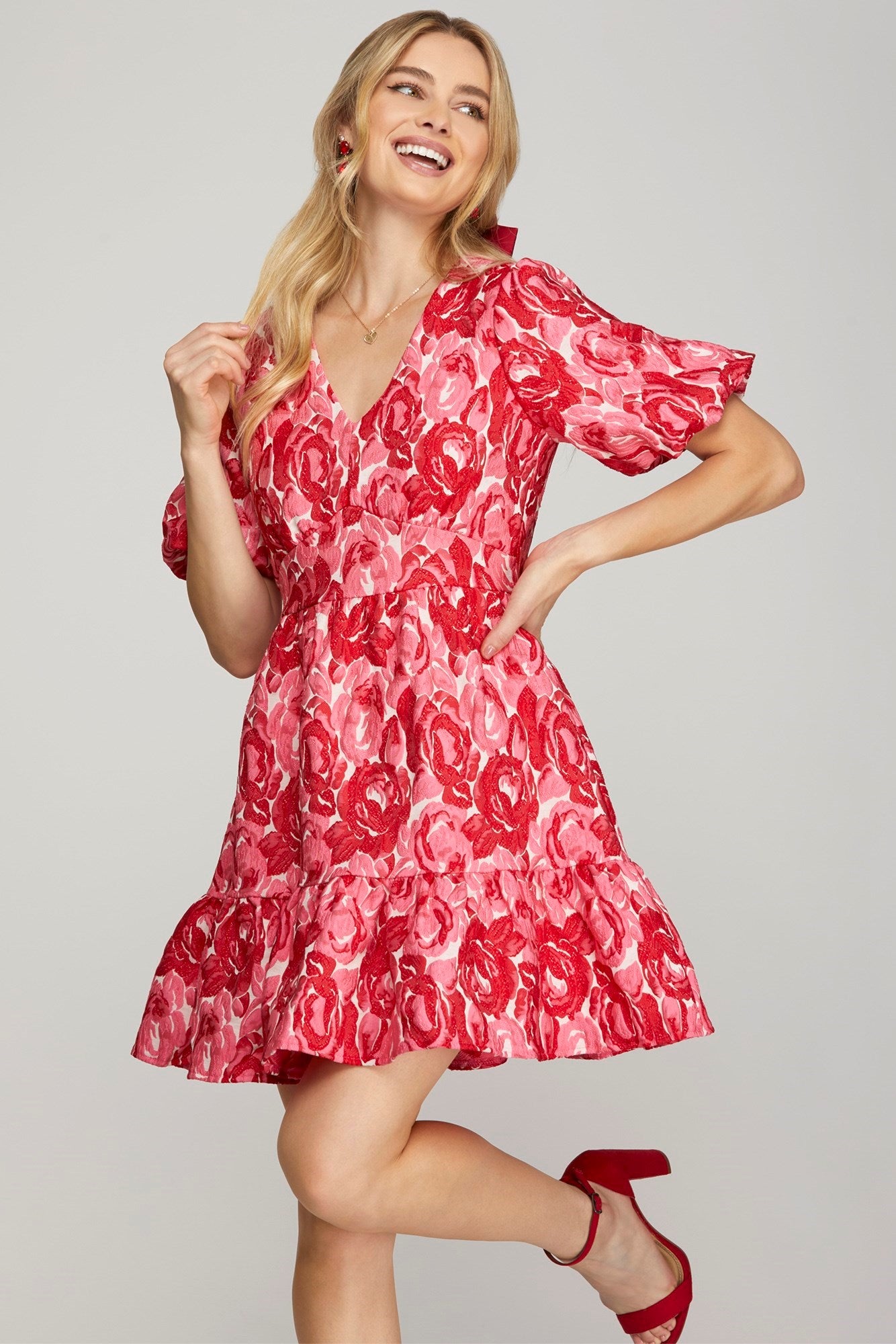 Short Puff Sleeve Floral Jacquard Woven Dress