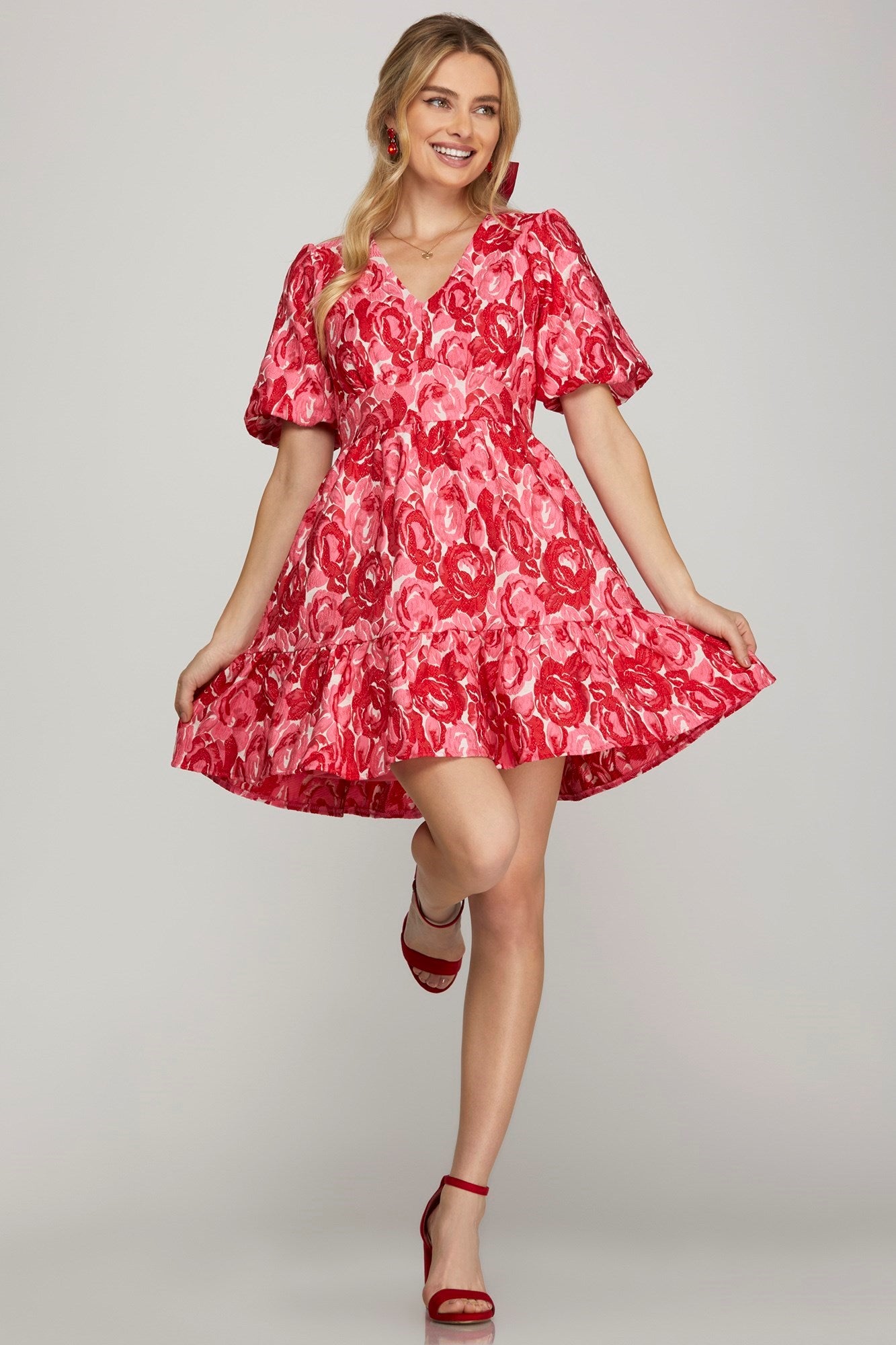 Short Puff Sleeve Floral Jacquard Woven Dress